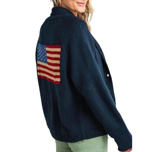 Fourth of July American Flag Knit Sweater Cardigan for Women Medium Navy Blue