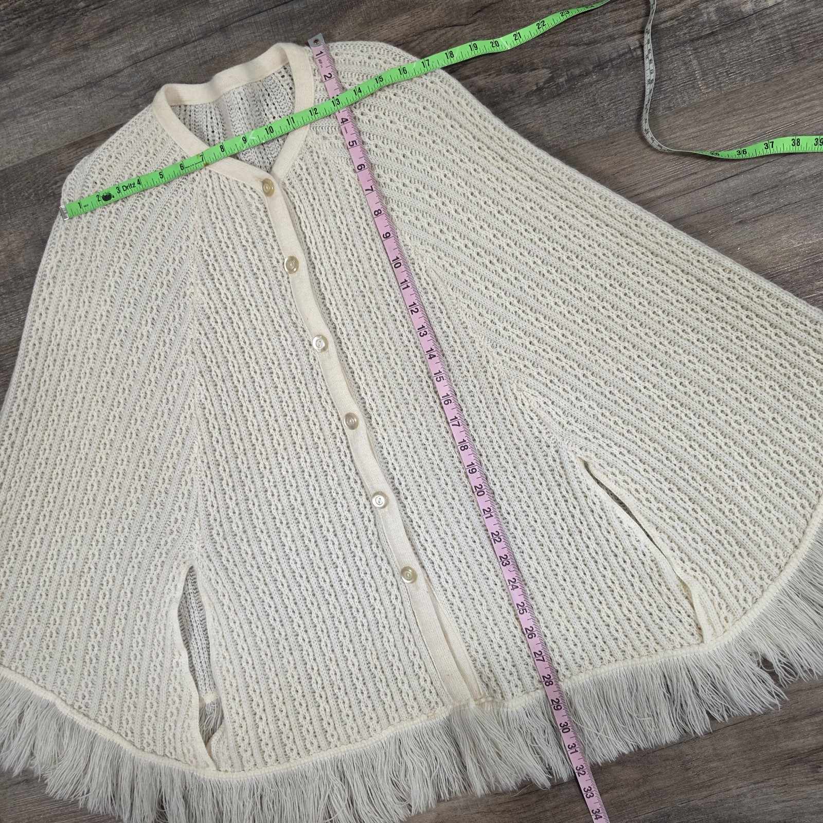 Vintage Poncho Shawl Cape With Fringe Orlon Acrylic Button Front Hand Arm Slits