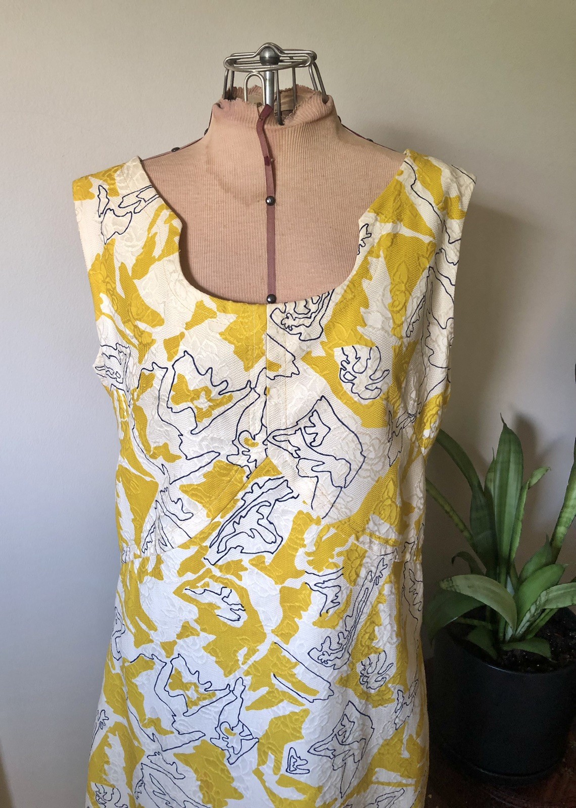 Mid Century Abstract Yellow, White, & Navy Blue Maxi Dress, M