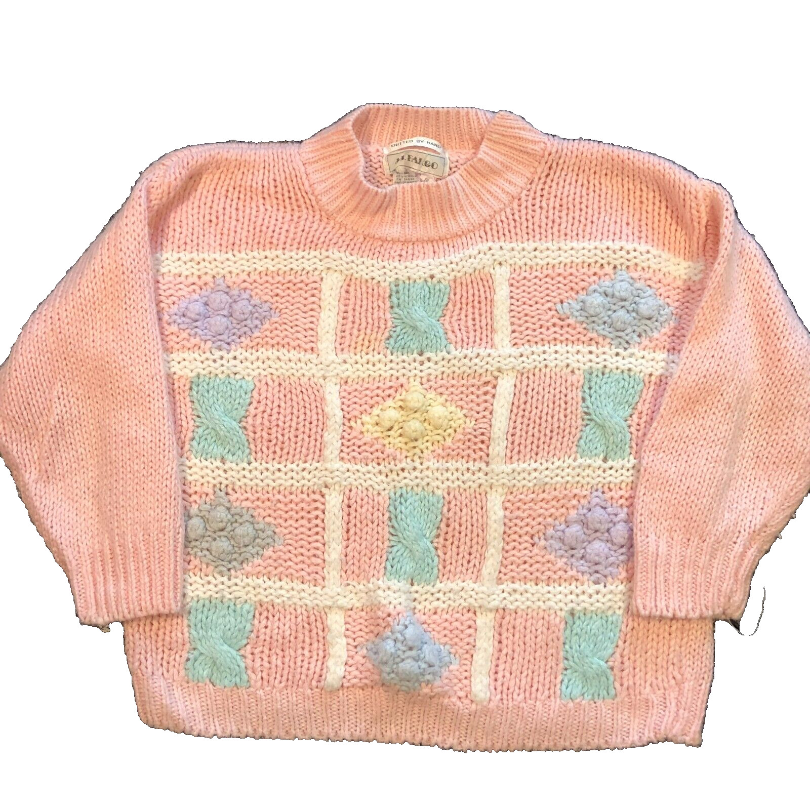 Vtg JJ Fargo Pink Pastel Sweater Sz S Hand Knitted Floral Grannycore Womens