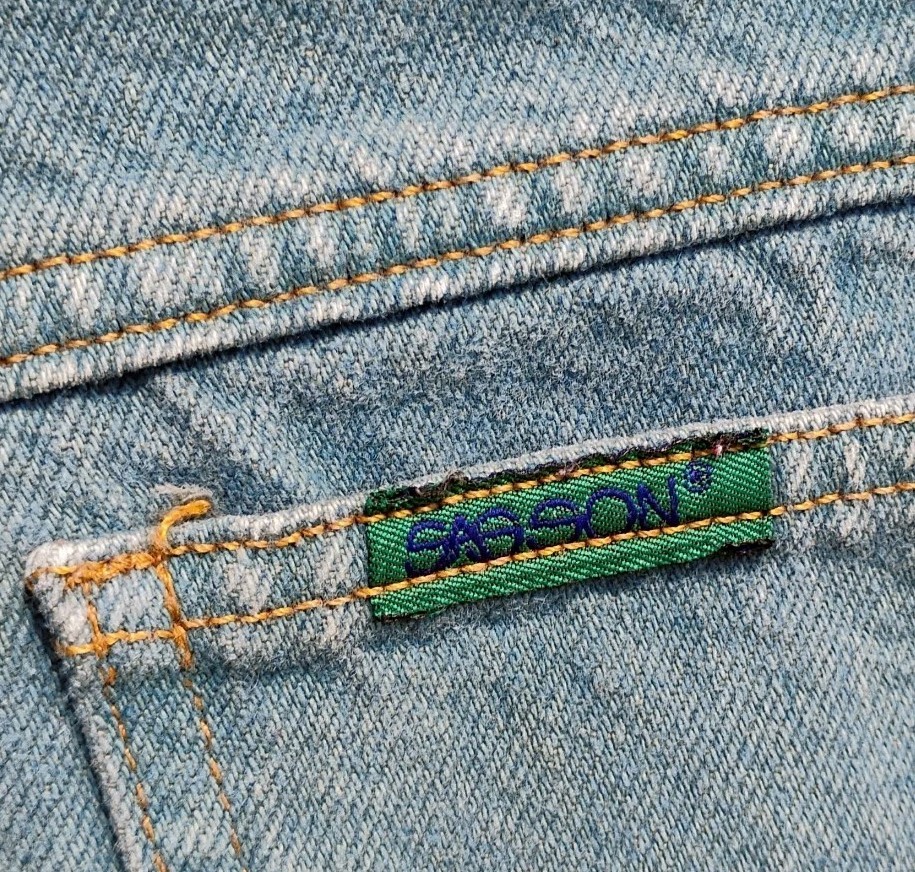 VTG 1976-80’s „Sasson” Teal Blue/High Waisted/Green & Black Logo Tag Jeans 33/29