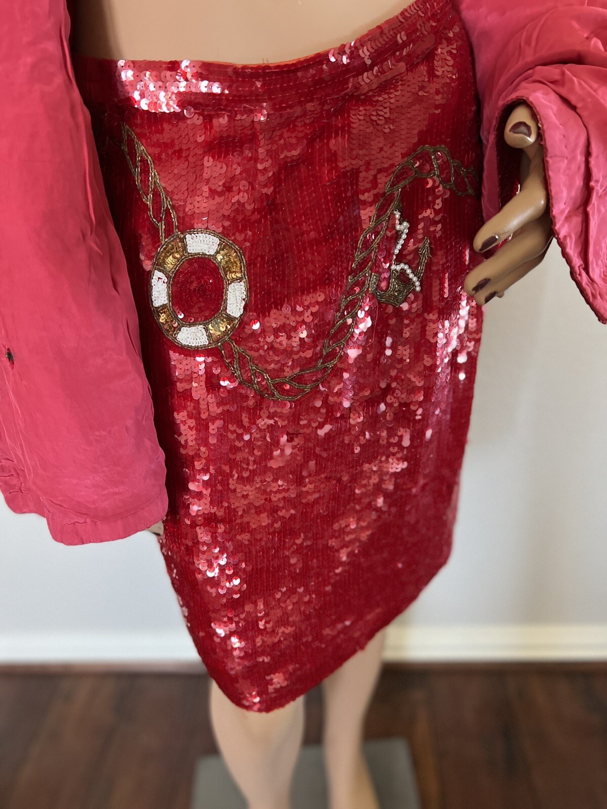 MODI Red Silk Sequin Beaded Double Breasted Nautical Anchor Jacket Skirt Set 6-8