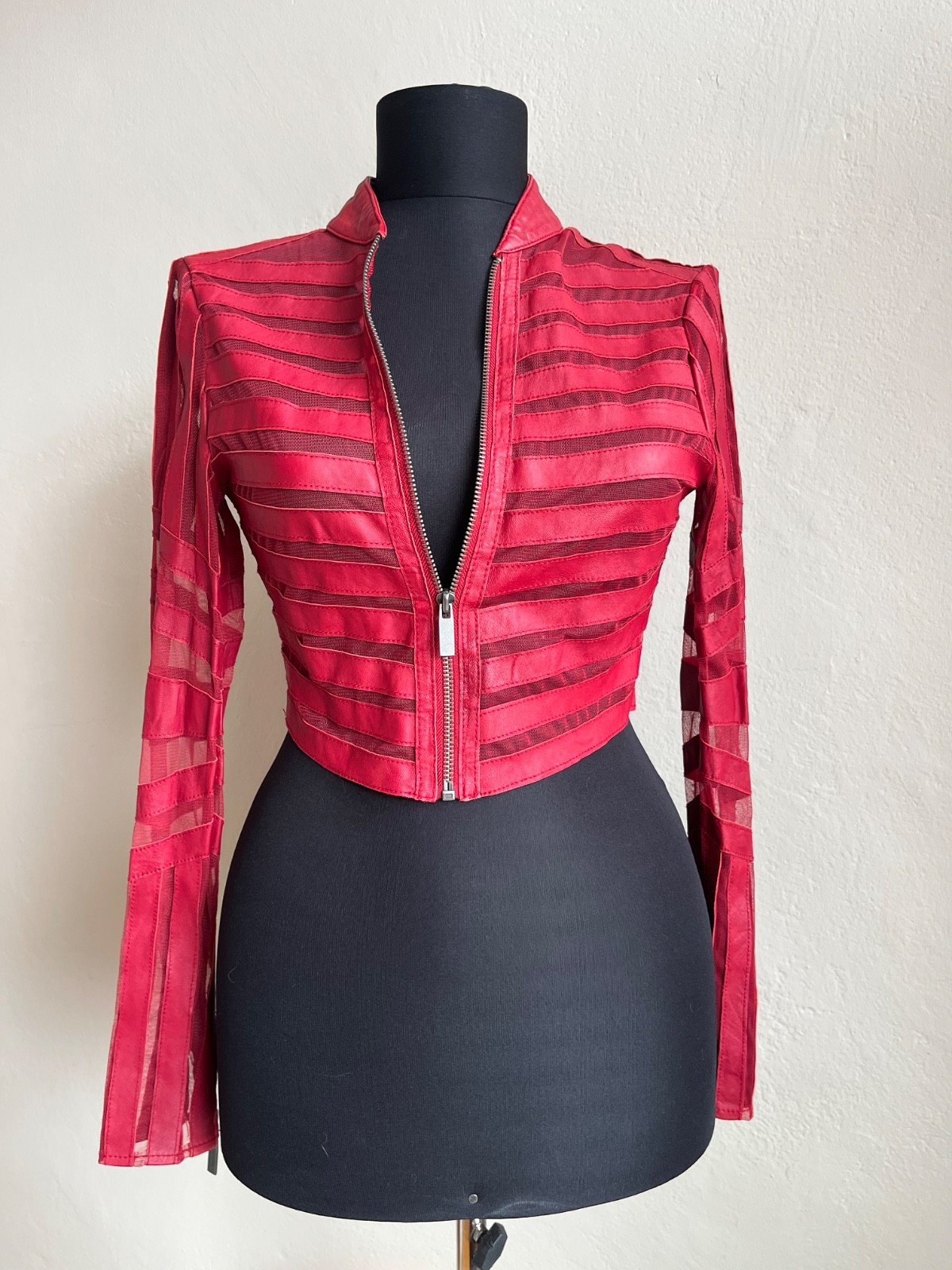 Vintage bebe Red Leather Mesh Paneled Cropped Moto Jacket Y2K Size XXS