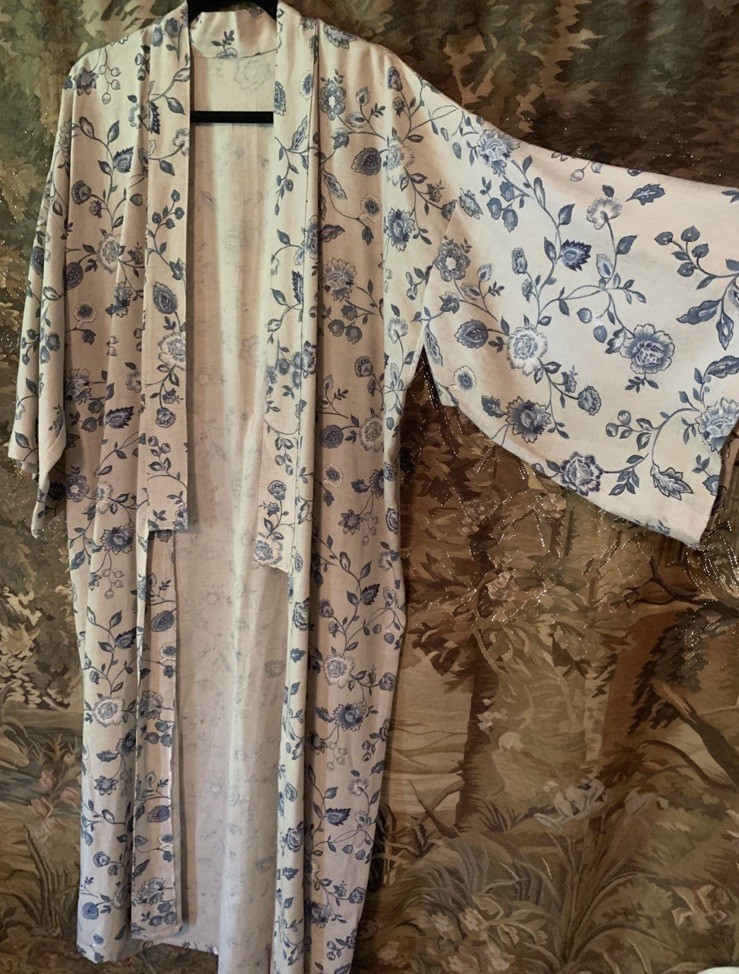Vintage OOAK Linen Floral Maxi Full Length Kimono Wrap Robe Duster boho cottage