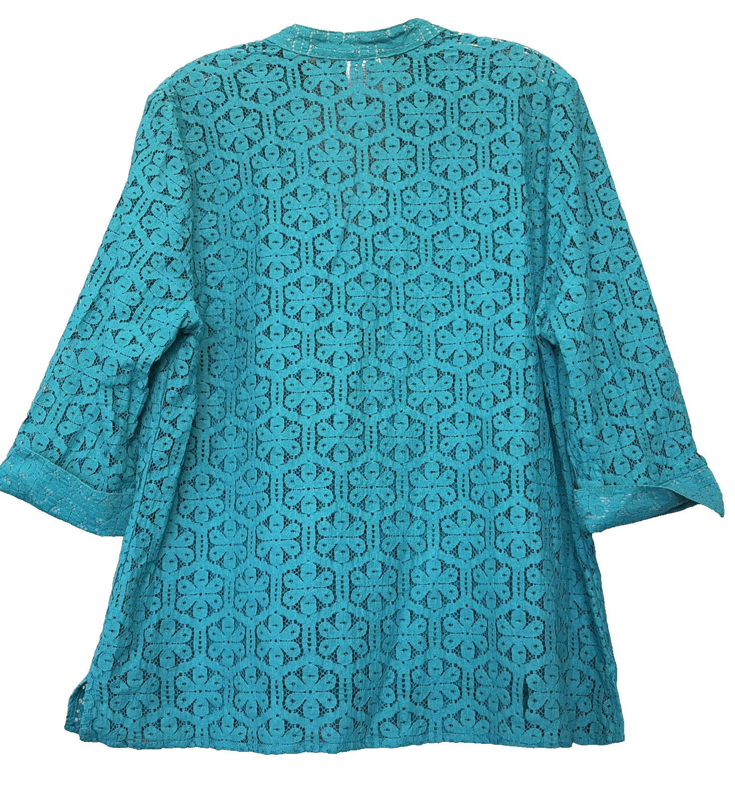 Lace Turquoise Jacket Cardigan Blouse Sz XL Bedford Fair Floral 3/4 Cuff Sleeve