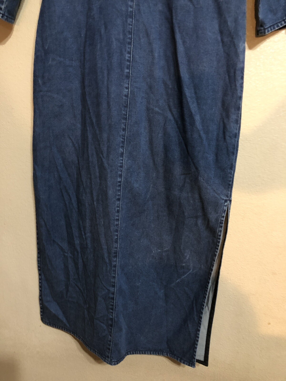 Vtg Isabella Bird 10 Blue Jean denim shirt dress Long Midi Button Front 3/4 Slv