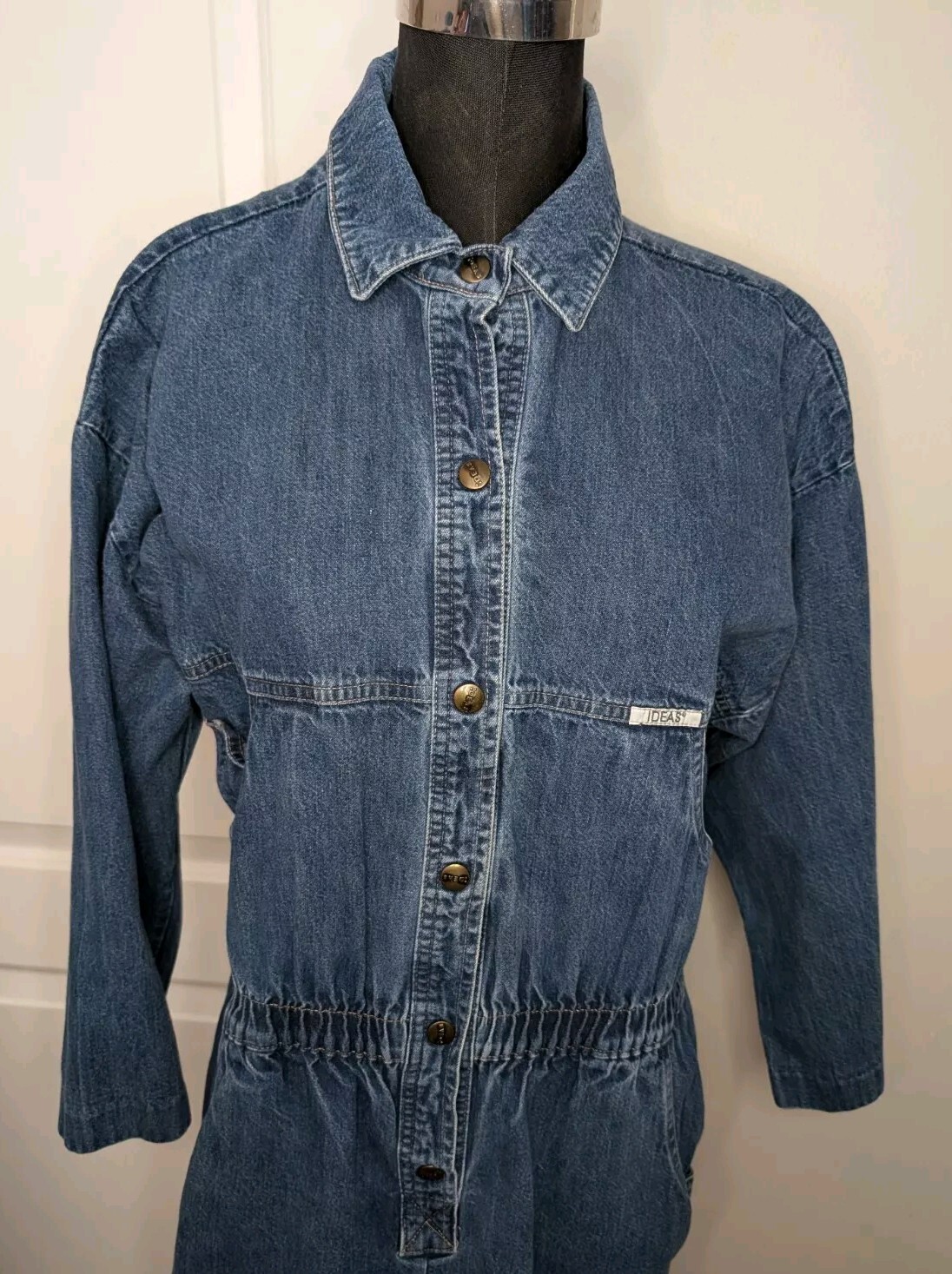 Vintage 1980s IDEAS Denim Jumpsuit Made In USA Medium Excellent Snap 3/4 Sleeves