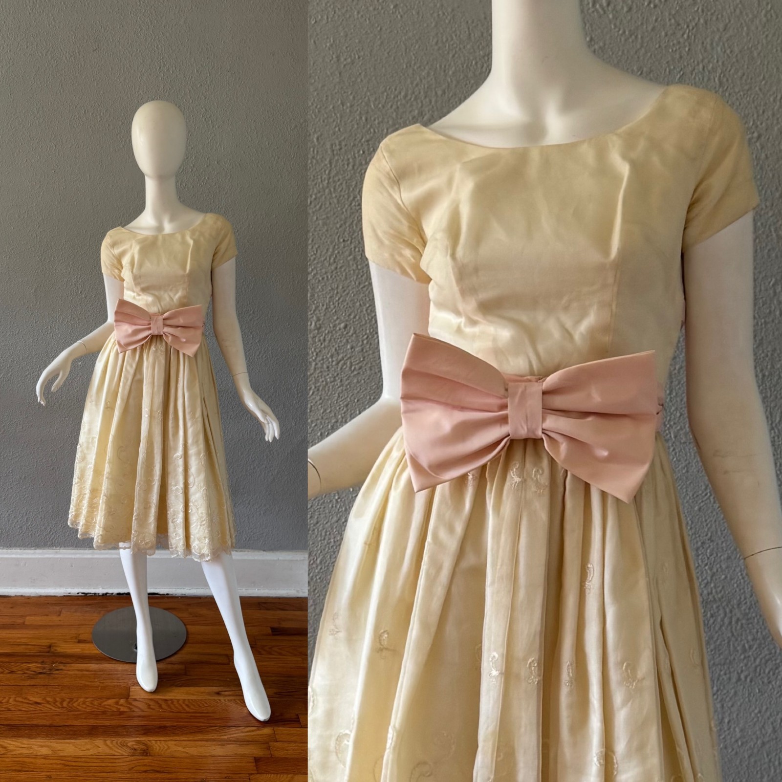 Vintage 50s Ivory Scallop Fit & Flare Pink Bow Wedding Party Dress XS