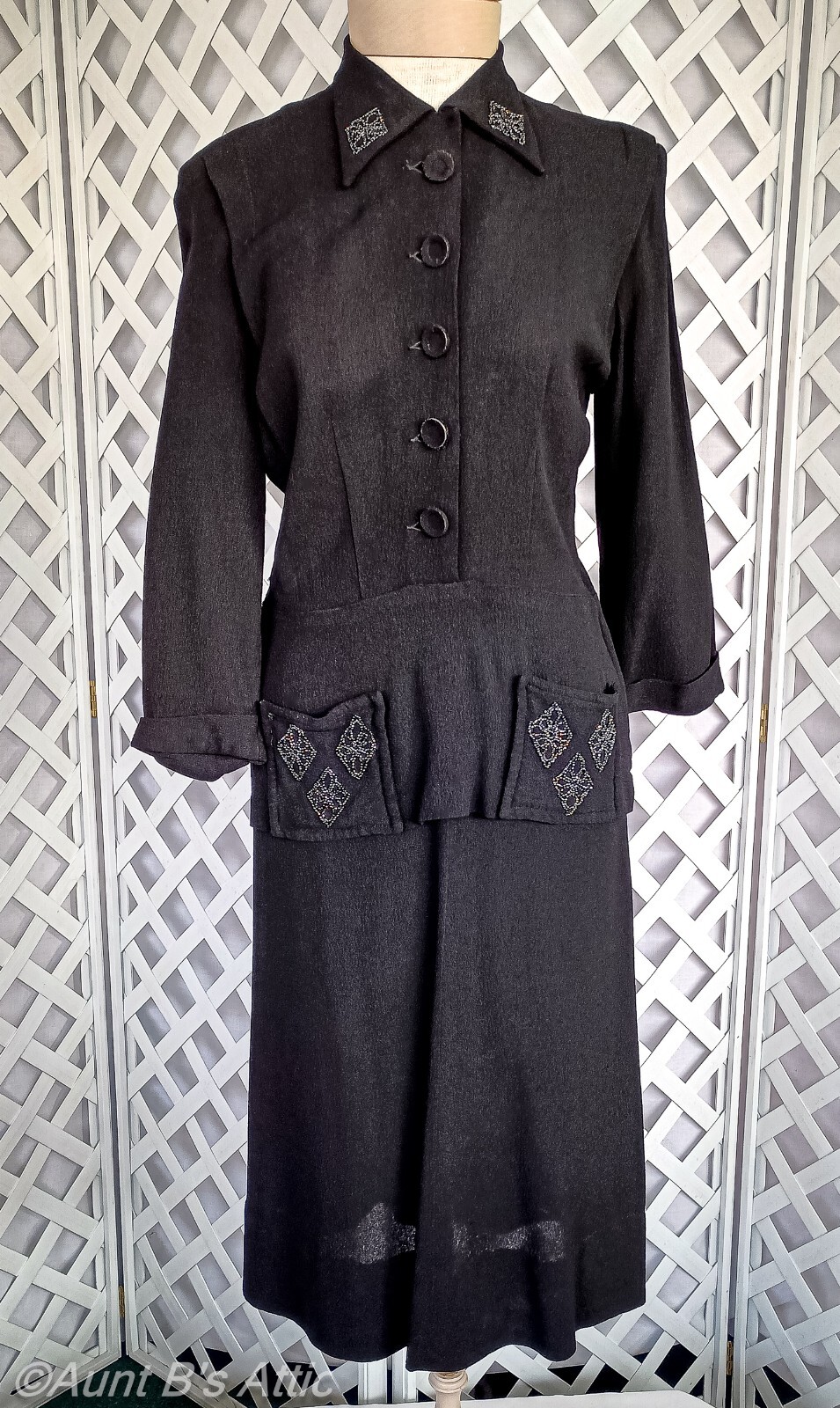 Vintage 40’s Black Textured Rayon Crepe W/ Bead Accent Pocketed Peplum Dress S/M