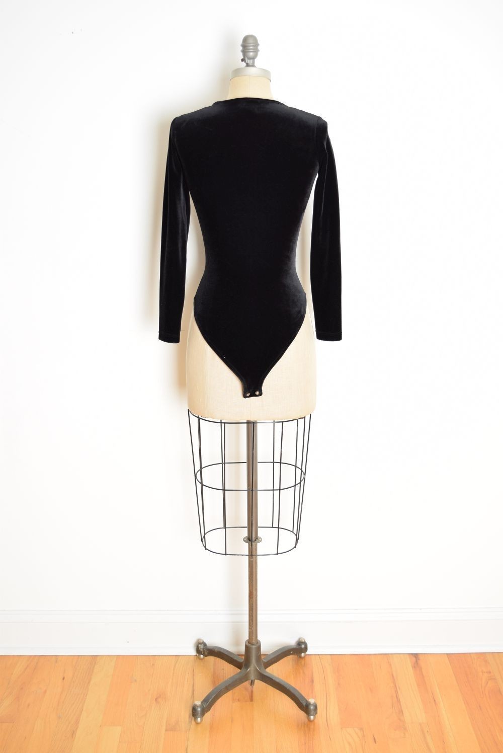 vintage 90s bodysuit black stretch velvet long sleeve grunge one piece top XS S
