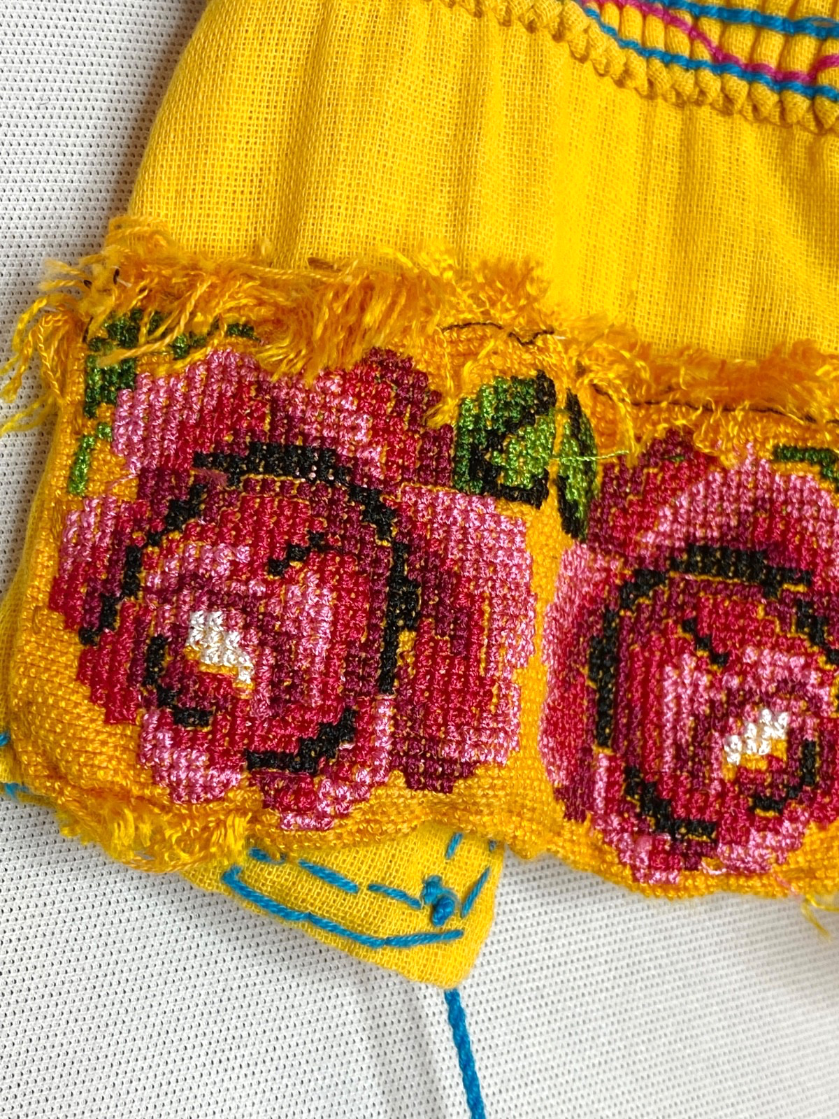 Vintage yellow floral embroidered tunic top long sleeves pink blue cotton boho