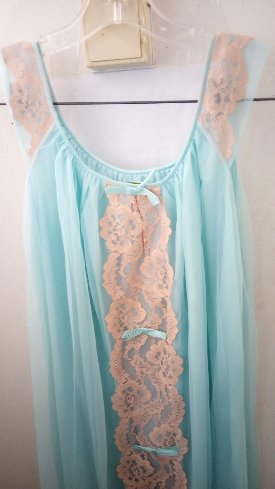 Vintage Avian LINGERIE Nylon Chiffon Nightgown Aqua Lace Sz. Large New Exquisite