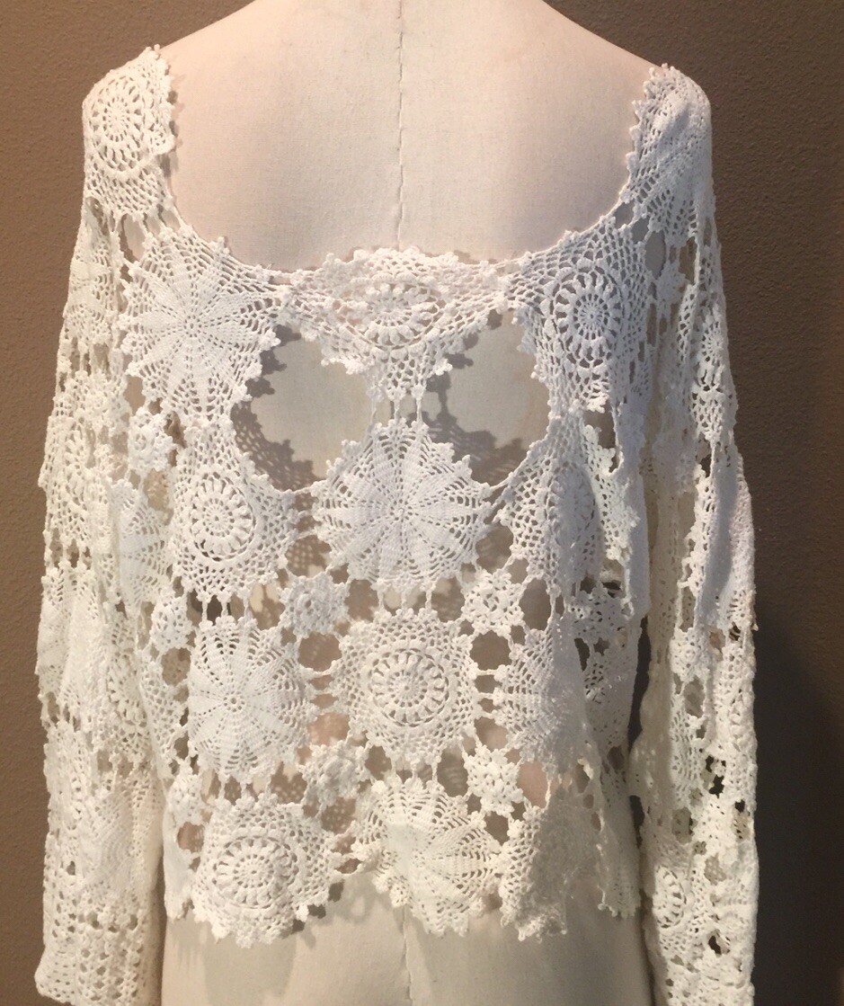 Antique Vtg Handmade M White Crochet Tatted Lace Coquette Top Blouse