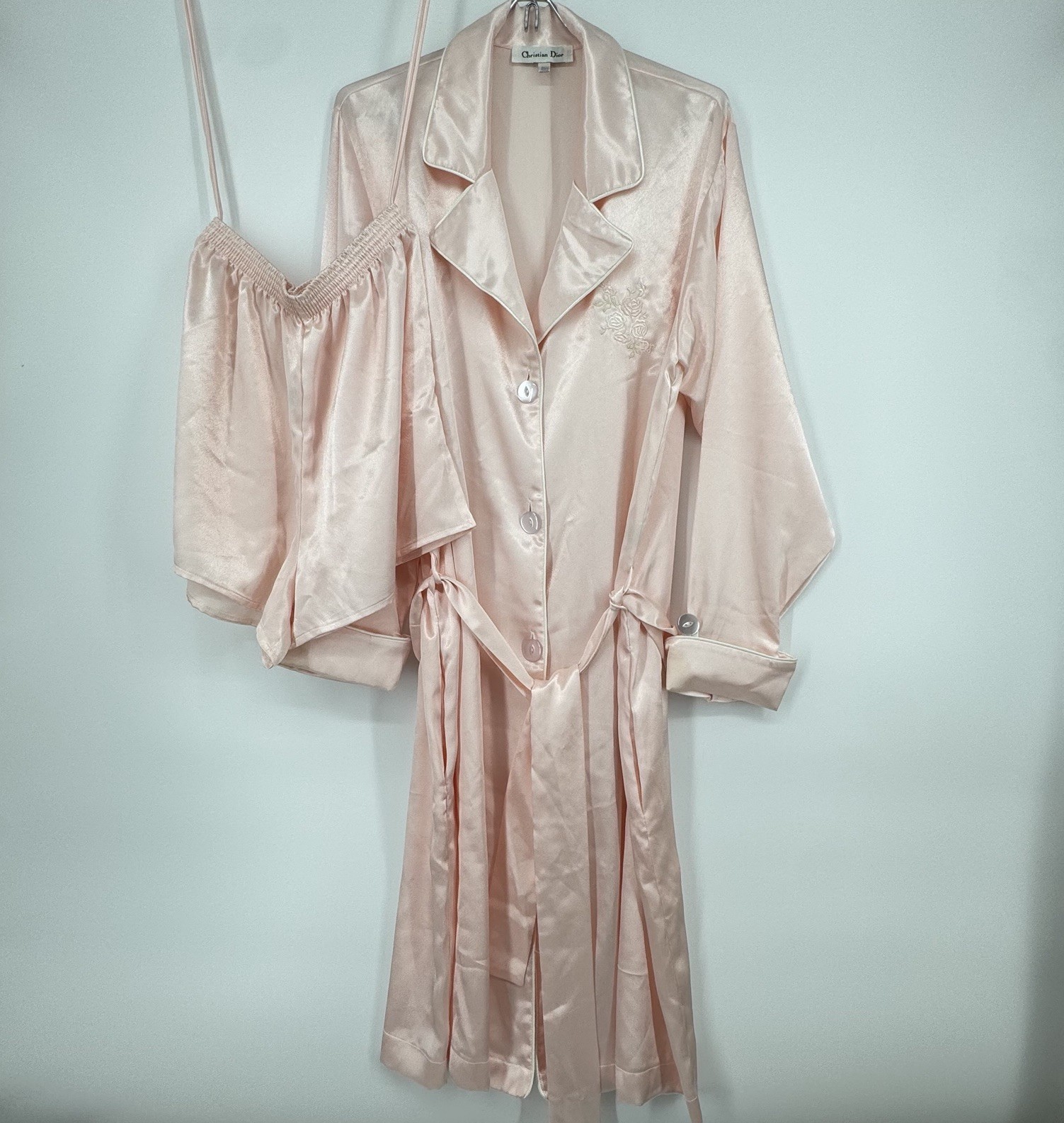 Vtg Christian Dior Pink Embroidered Robe With Lounge Shorts Union Made In USA