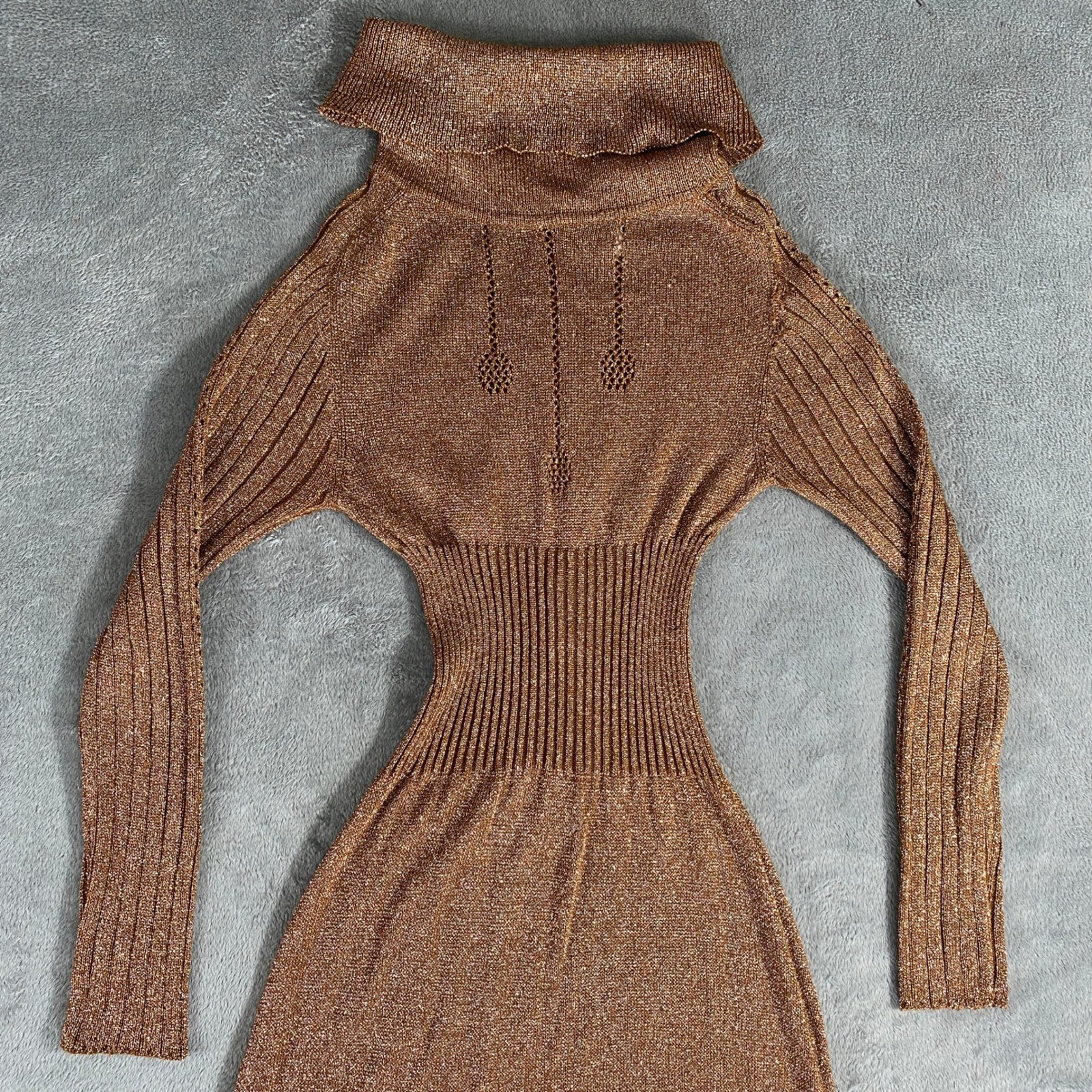 Vintage Wenjilli Maxi Dress Women 7/8 Metallic 70s Turtleneck Lurex Knit Gown