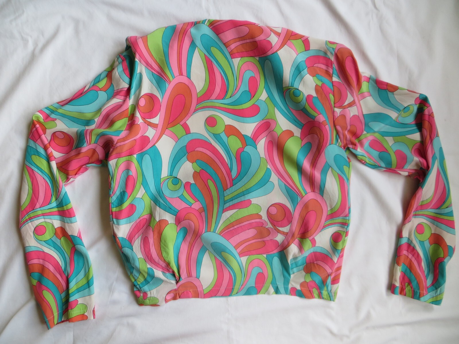 Brett Harrison Vintage 1970s Swirl Disco Go-Go Hippie Mod Shirt Womens Crop Silk