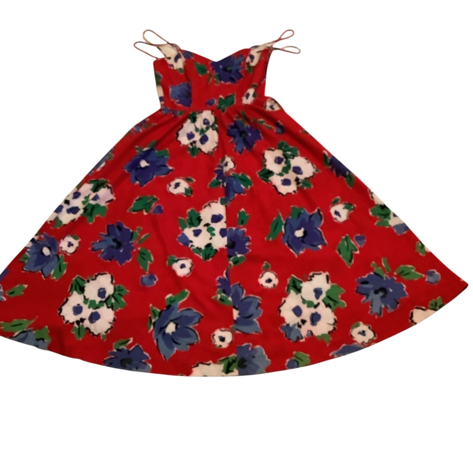 Lanz Originals Vintage Red Floral Cotton Midi Dress Spaghetti Strap Pockets 4