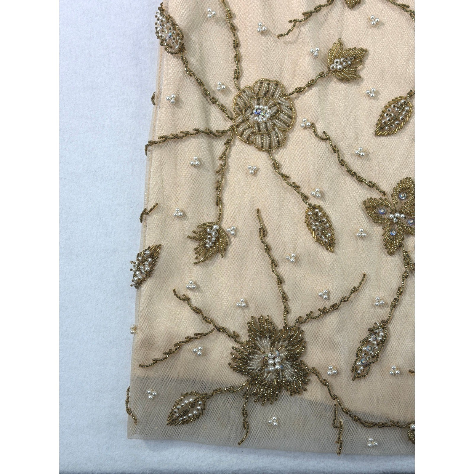 Handmade Vintage Palm Beach Gold Silk Beaded Dress 14 M / L Long Sleeve