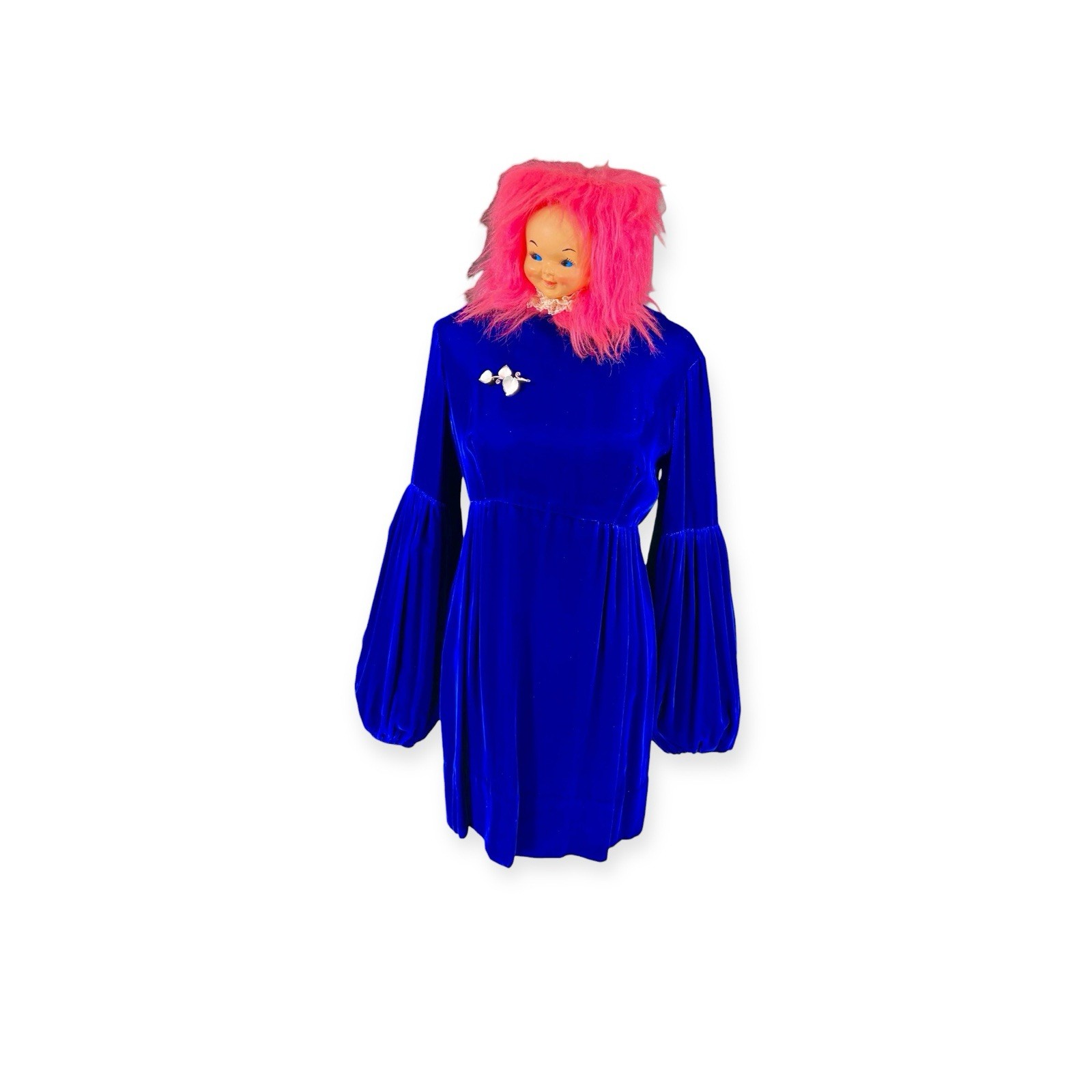 VTG 1960s BLUE VELVET DRESS GIGOT PUFF RENAISSANCE Whimsigoth MOD HIPPIE BOHO