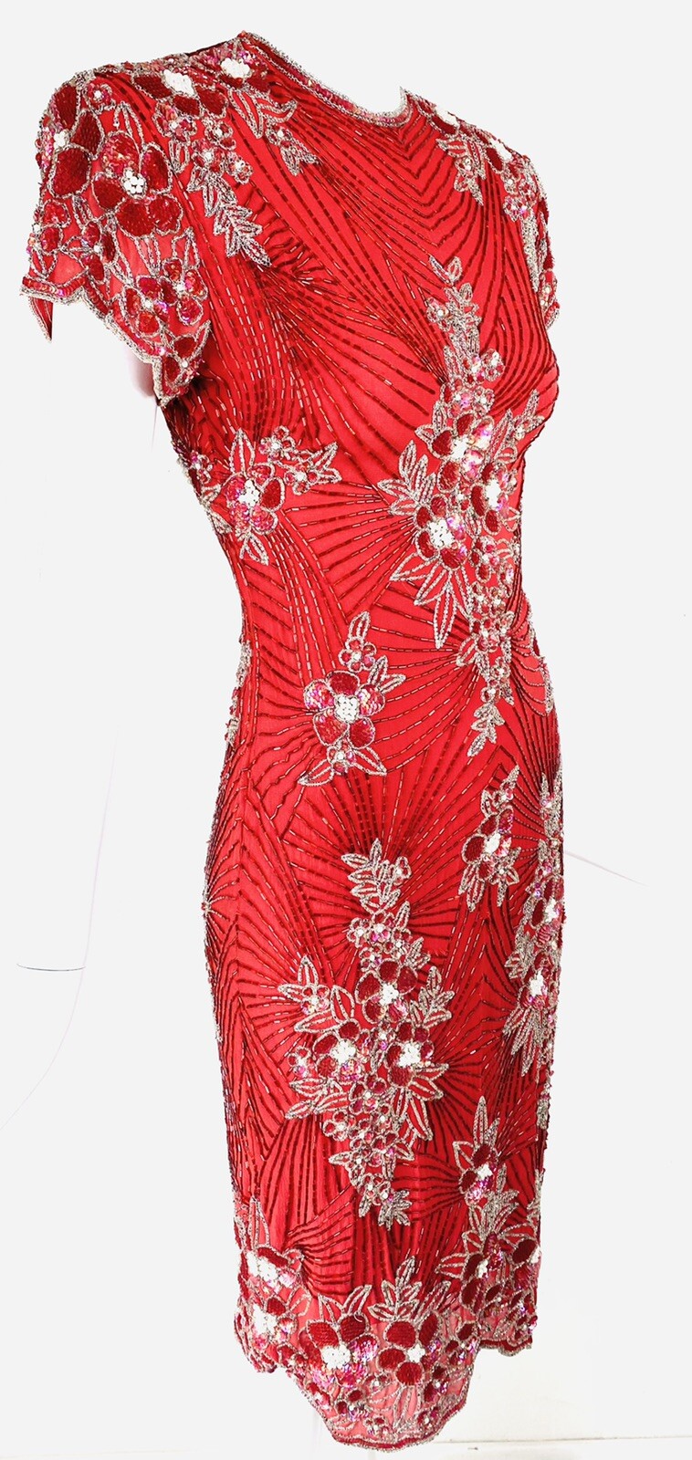 Vintage NAEEM KHAN LILLIE RUBIN Red Floral Bead Sequin Cocktail Dress Gown, XS