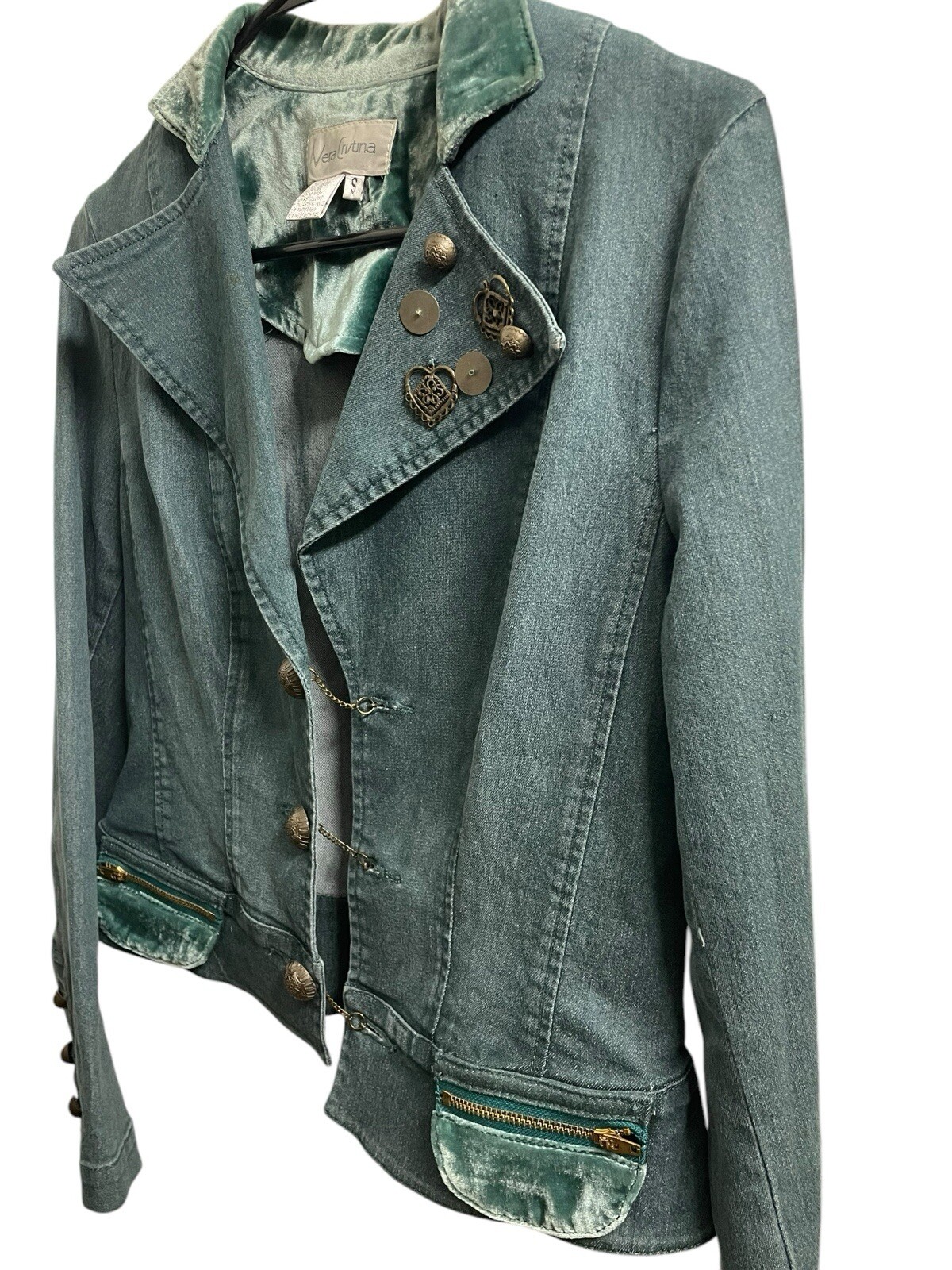 Vintage Vera Cristina Embellished Small Denim and green Velour Collar Jacket