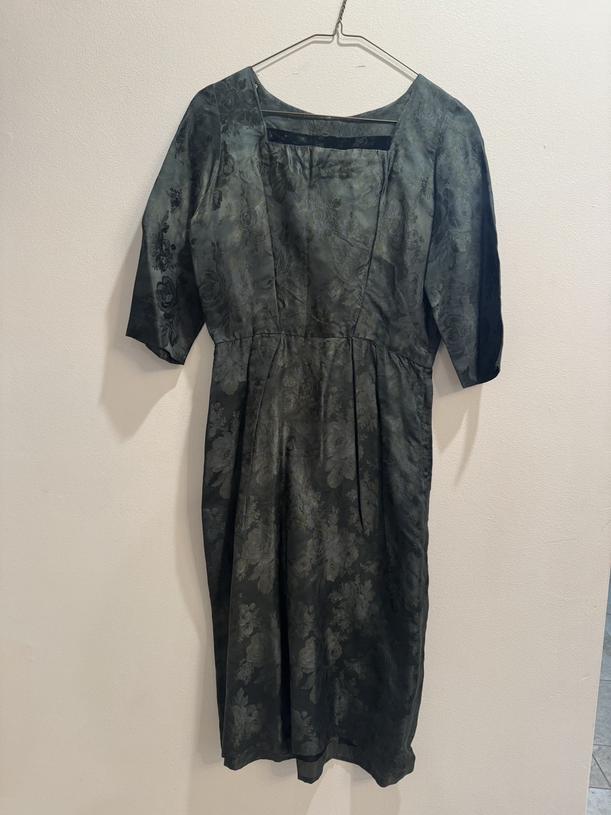 VTG 1960s Hunter Green Floral Brocade Dress W/Matching Jacket MCM Secretary