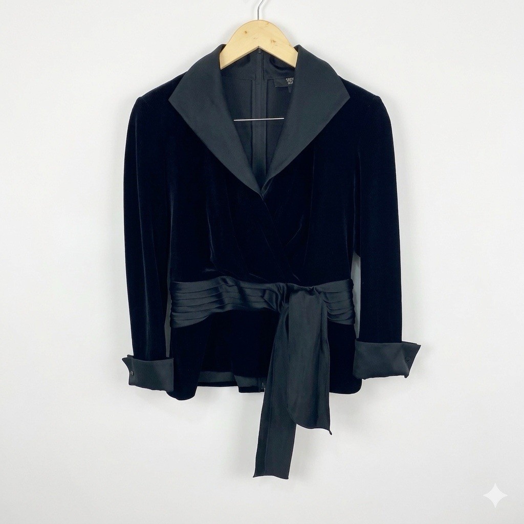 Vintage Tadashi Collection Black Velvet Wrap Top Satin Trim Large Tuxedo Chic