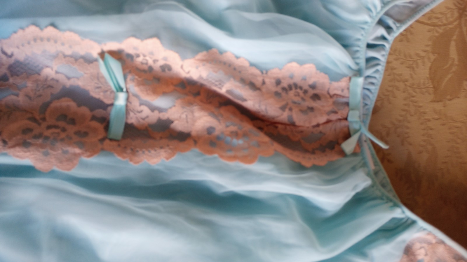 Vintage Avian LINGERIE Nylon Chiffon Nightgown Aqua Lace Sz. Large New Exquisite