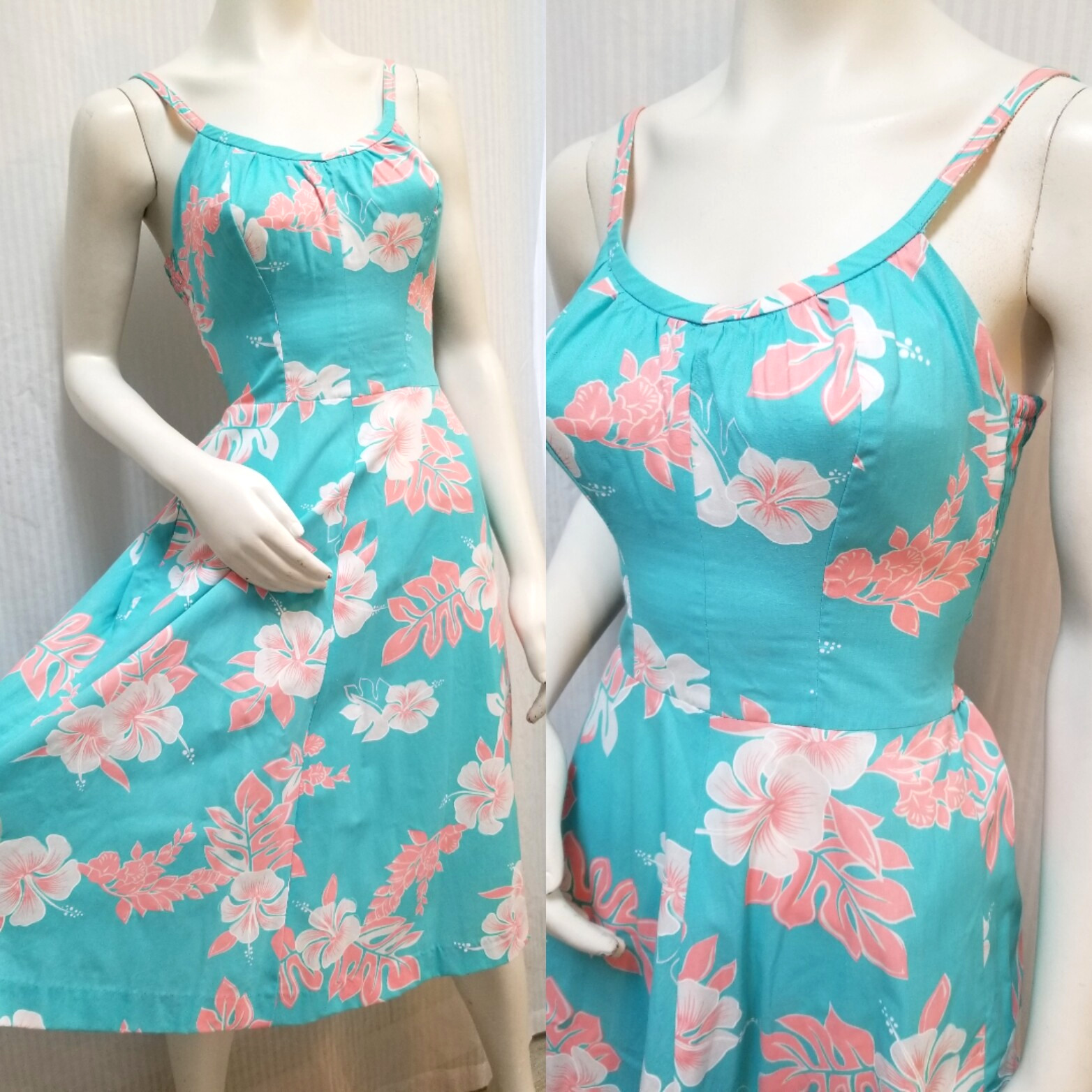NOS Vintage 50/60’s PARADISE HAWAII Aqua Pink Floral Pin Up DRESS – Size XS/S