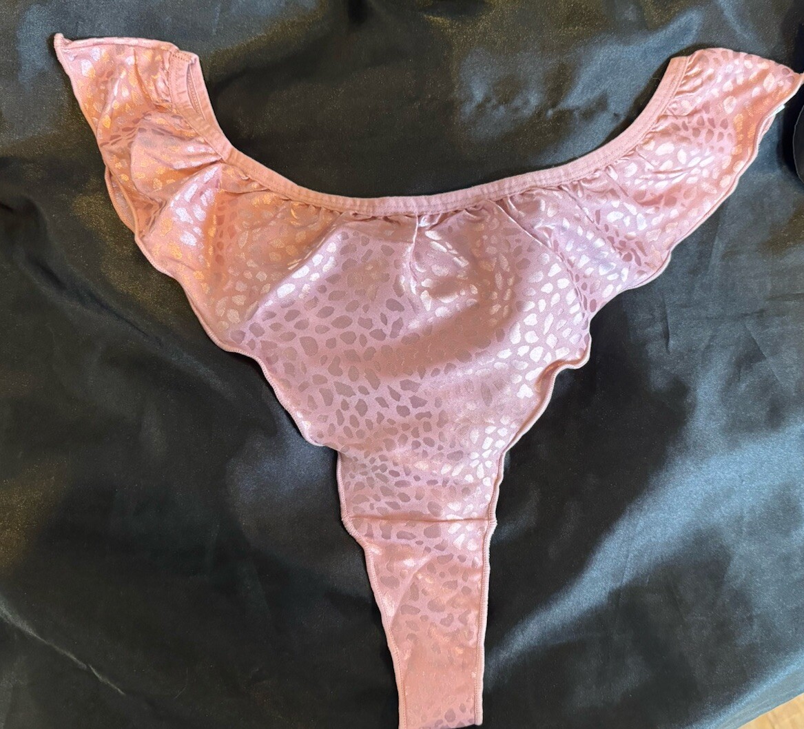 Sexy Vtg Style 1980s Satin Flutter Ruffle Rose Pink Print Thong Panties Sz XL