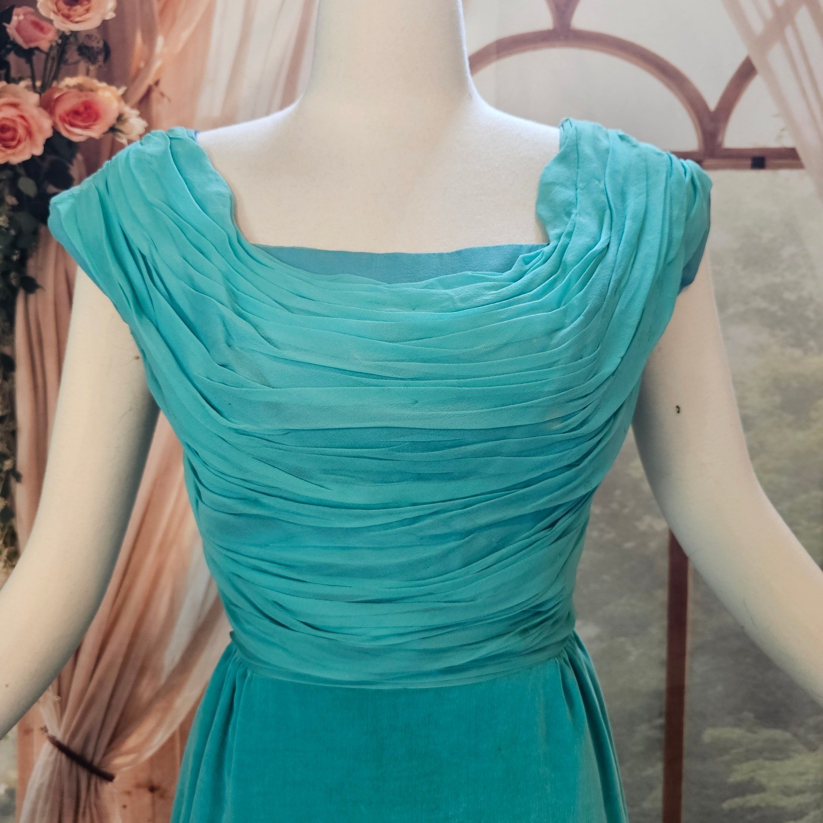 Vintage 1950s Dress Jay Herbert California Teal Ruched Draped Cocktail Formal