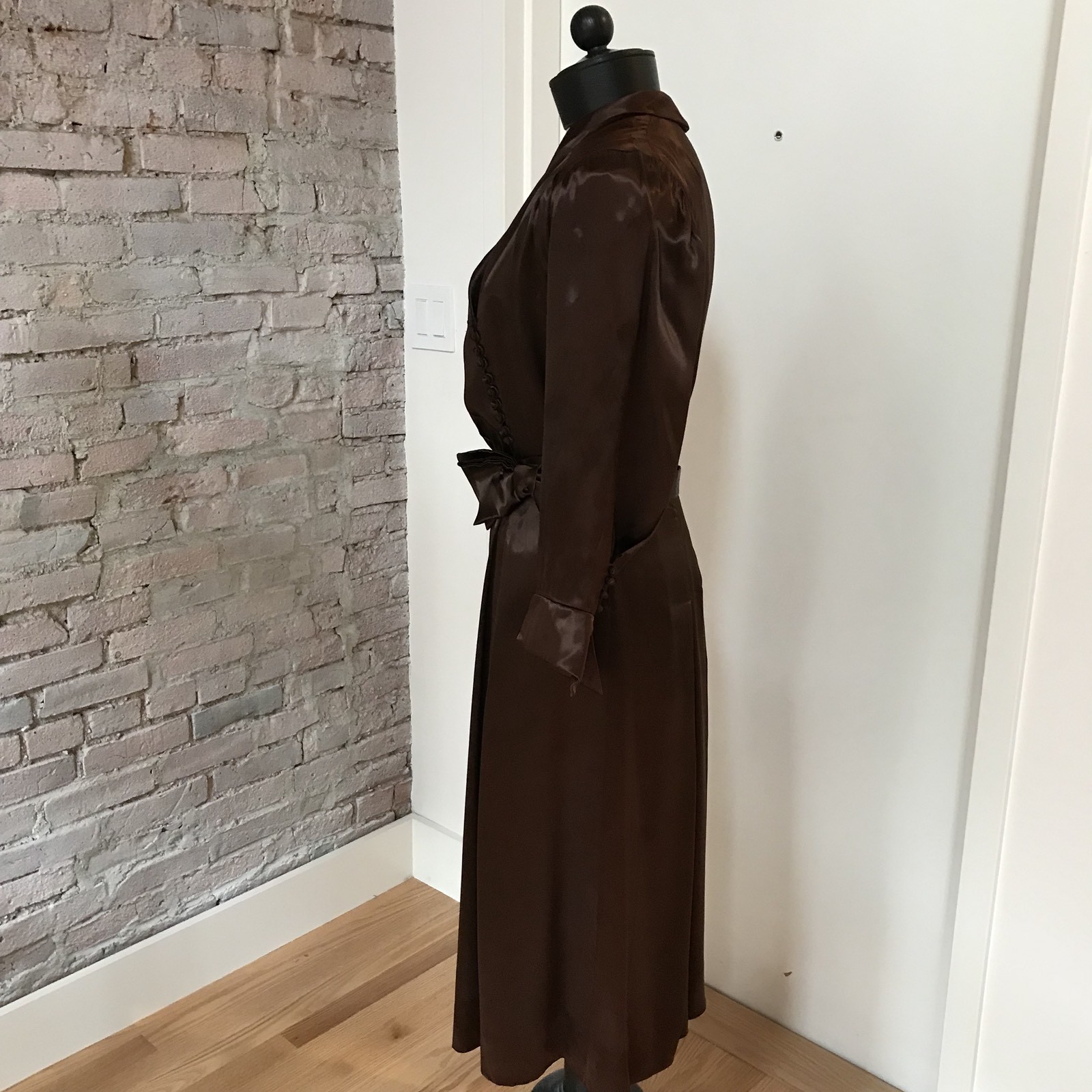 Vintage 30’s Women’s Brown Satin Dress Long Sleeve Matching Cape Macrame Conmar