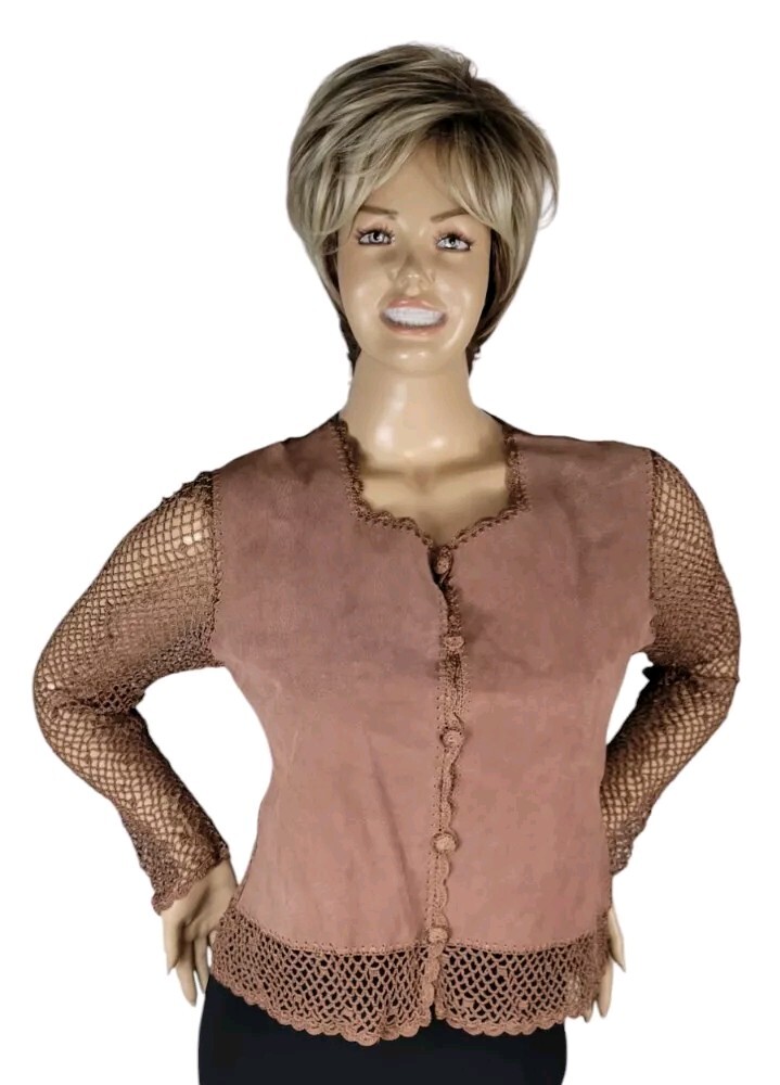 Vtg Y2K Kroshetta By Papillon Brown Leather Suede Crochet Boho Cardigan Top M
