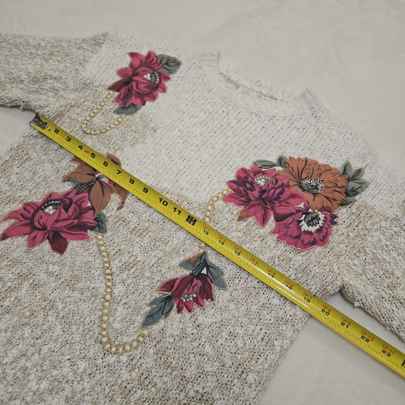 Needles & Yarn Vintage Popcorn Knit Floral Applique Sweater Pearl Accents Medium