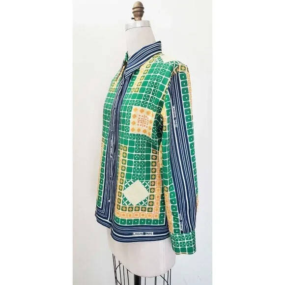 Vtg 1970’s LANVIN Paris Women’s LOGO SHIRT Geo Print Blouse
