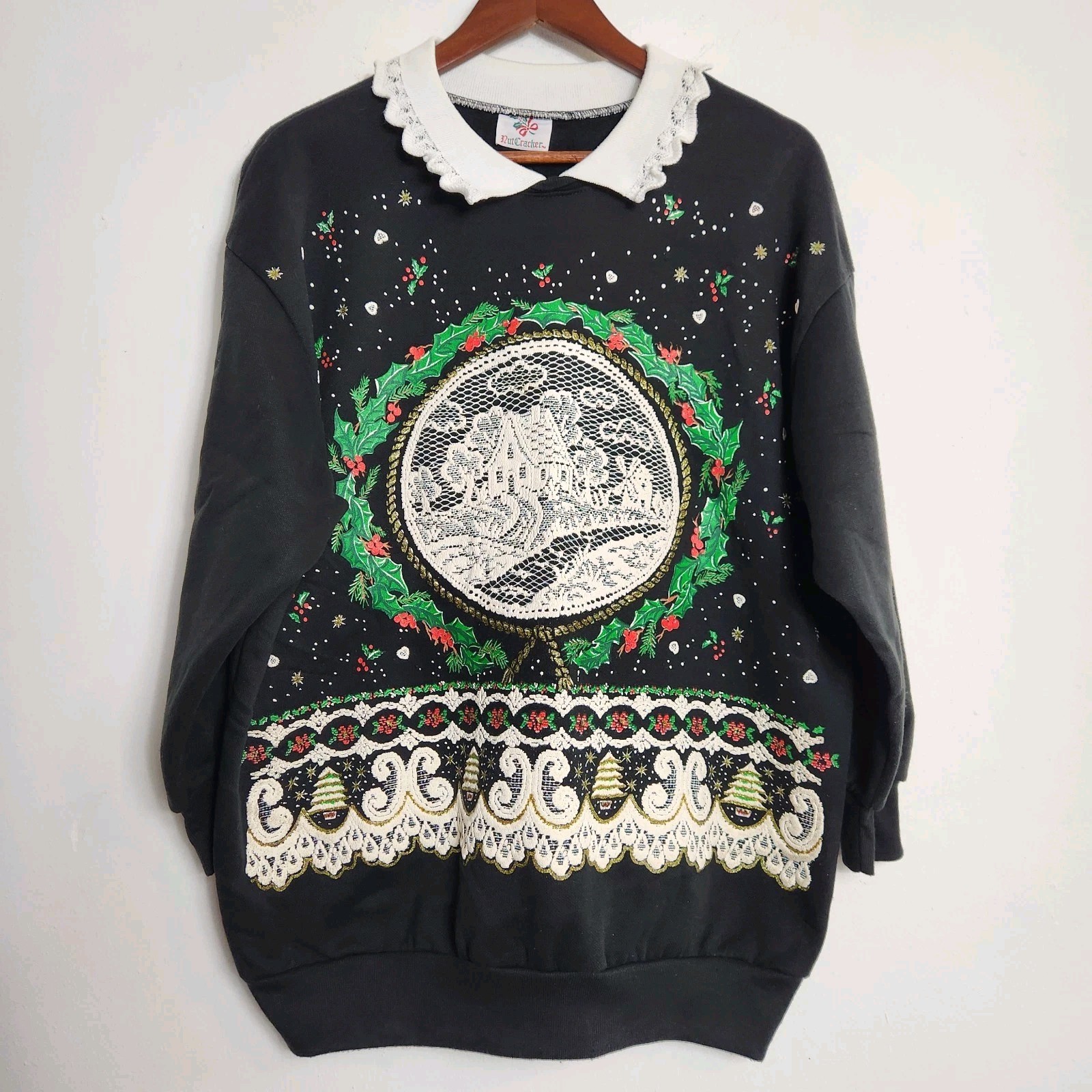 Vintage NutCracker Christmas Sweatshirt Collar Cottagecore Grandma XL Sweater