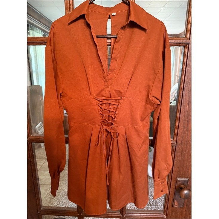 Terracotta Rust Lace Up Corset Mini Dress Long Sleeve Open Back Women Large