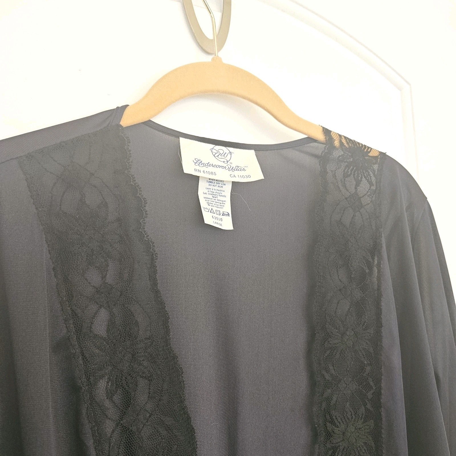 UndercoverWear Vintage Gray Lace Trim Open Front Robe Long Sleeve Nylon Large