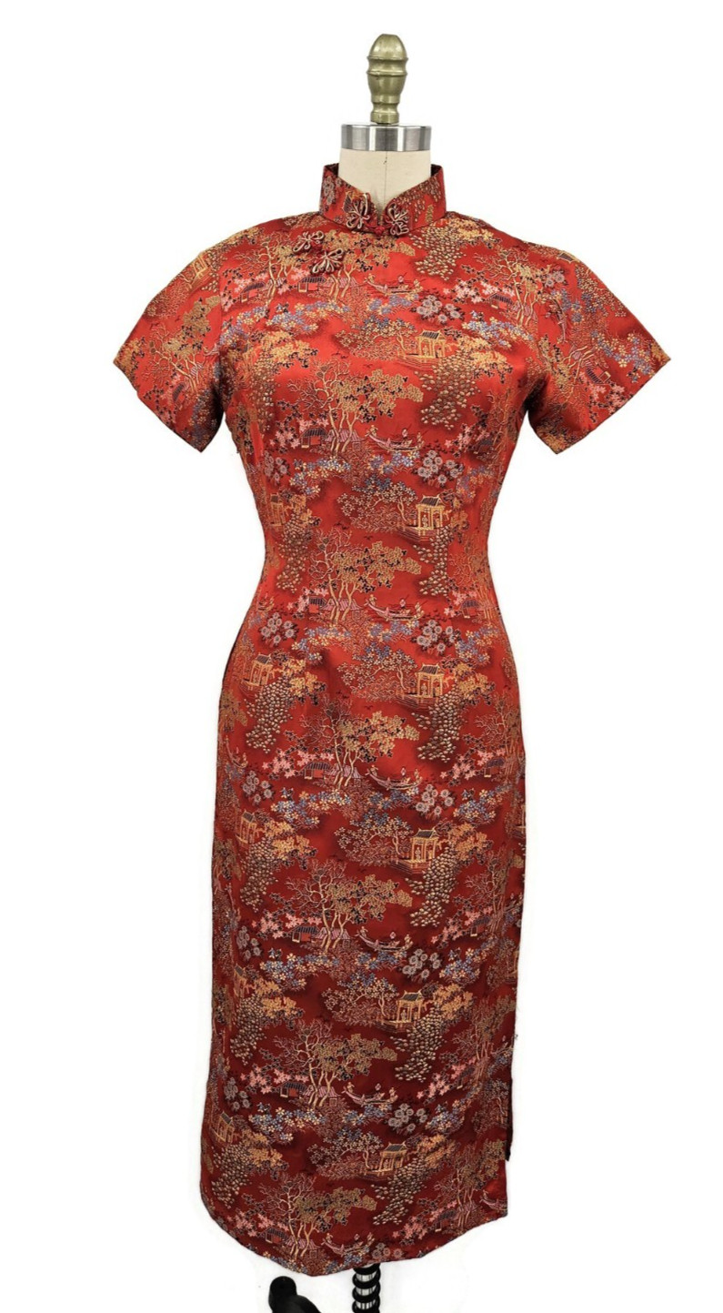 VTG Qipao Cheongsam Red Satin Dress Womens 12 Hong Kong