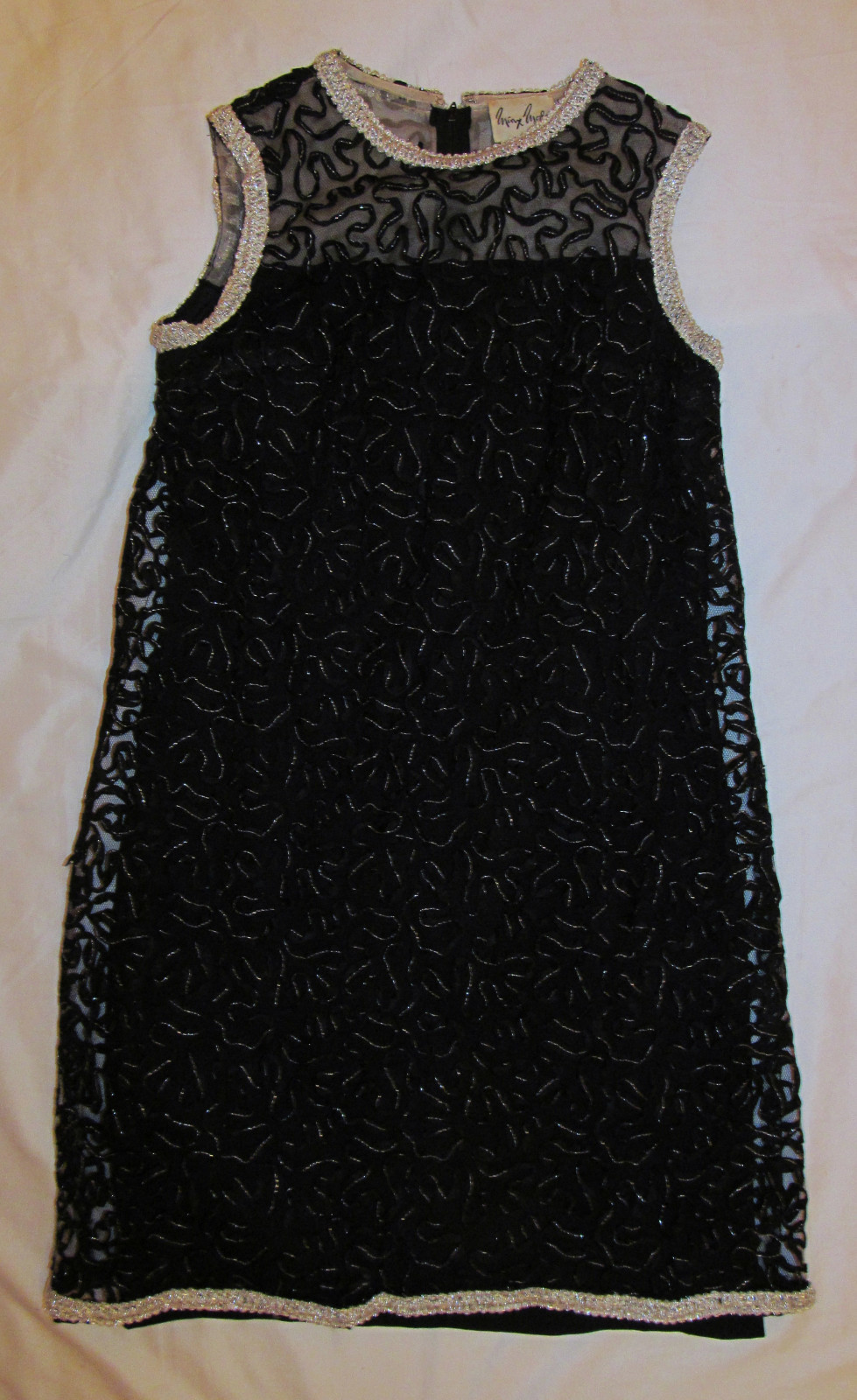 vint 50’s MINX MODES ribbon lurex trim fishnet party cocktail sleeveless dress