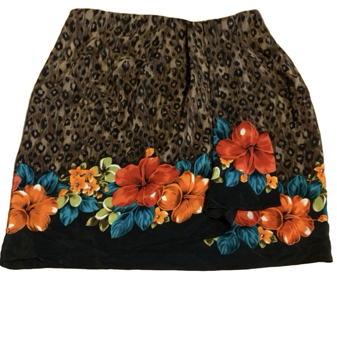 VINTAGE CIRCA 1980’S JAQUELINE FERRAR FLORAL & ANIMAL PRINT SILK SKIRT SZ 16