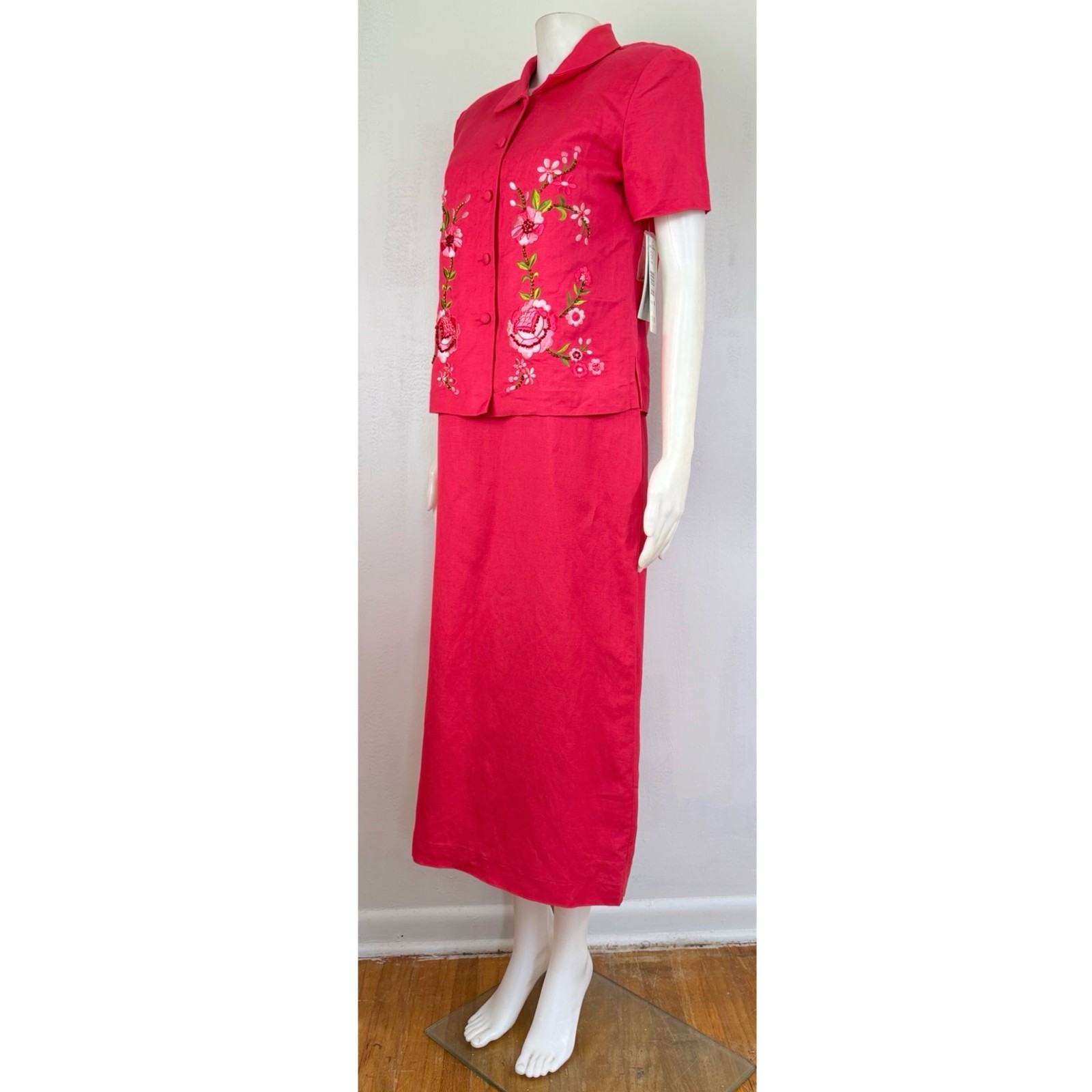 Vintage Floral Embroidered Dress Top Set Size Small 90s Pink Beaded Linen Blend