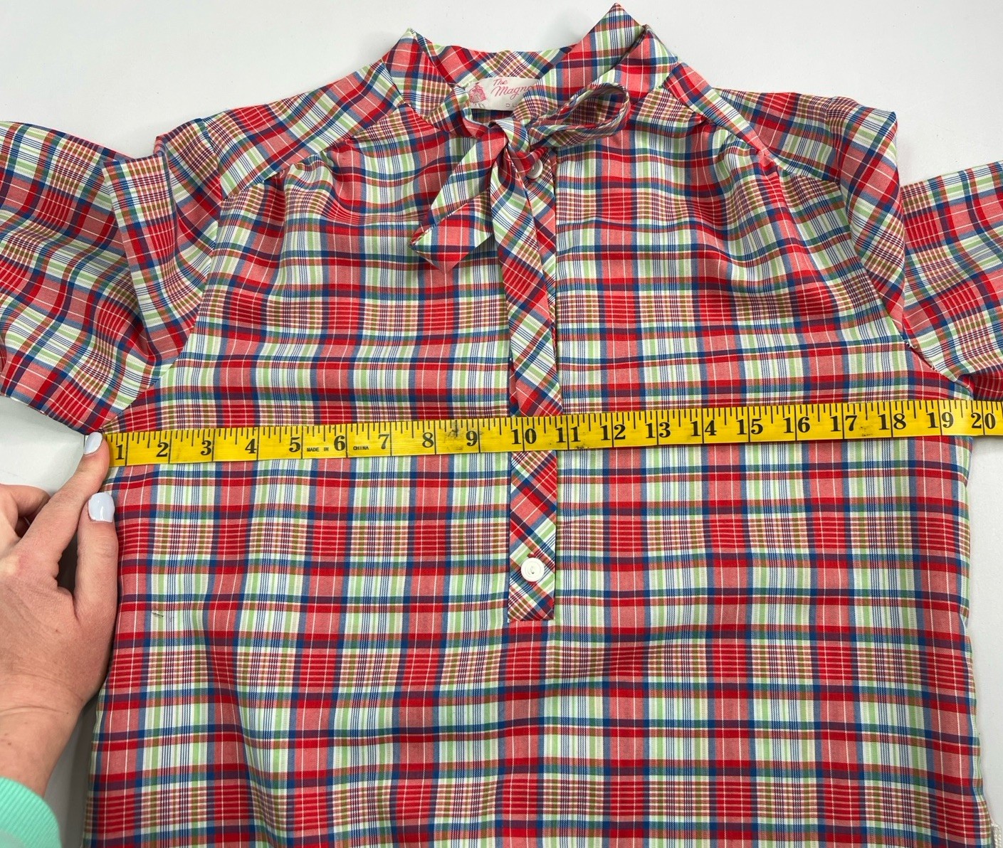VTG Plaid Shift Dress Preppy Classic Button Bow Neckline Magnolia Shoppe Sz Med