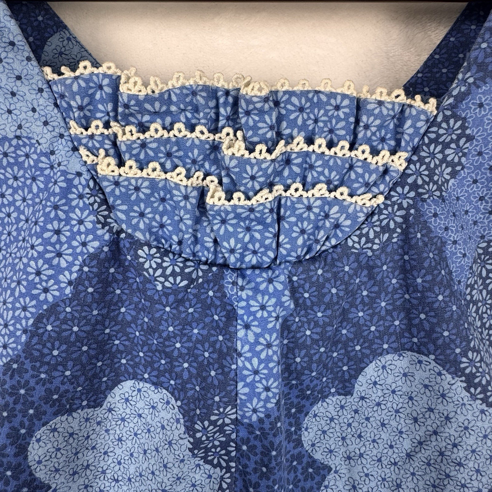 Vintage Penneys Hawaii Blue Floral Cotton Maxi Dress Pockets Lace Trim 9 S