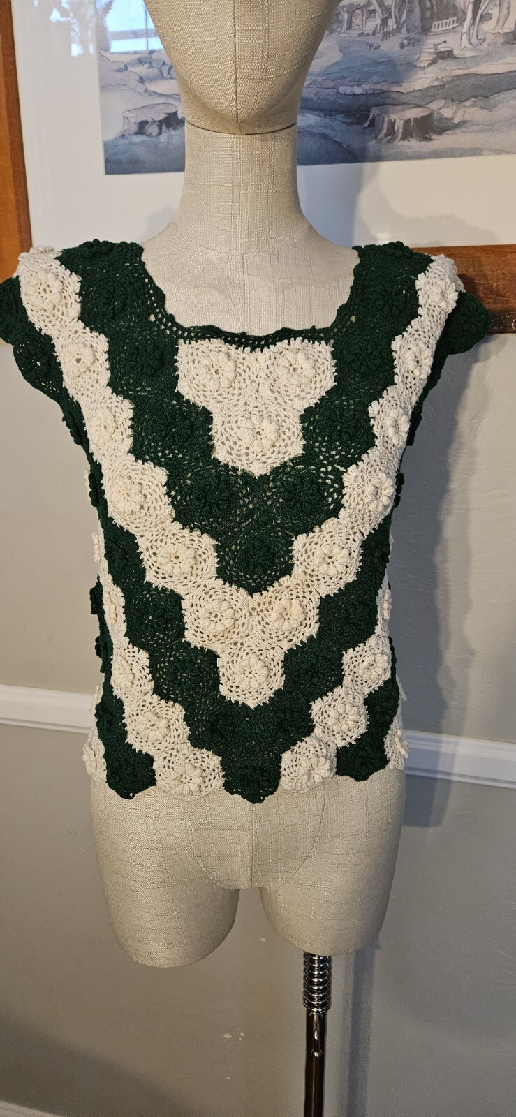 Vintage Green And Cream Handmade Crochet Top As Pictured