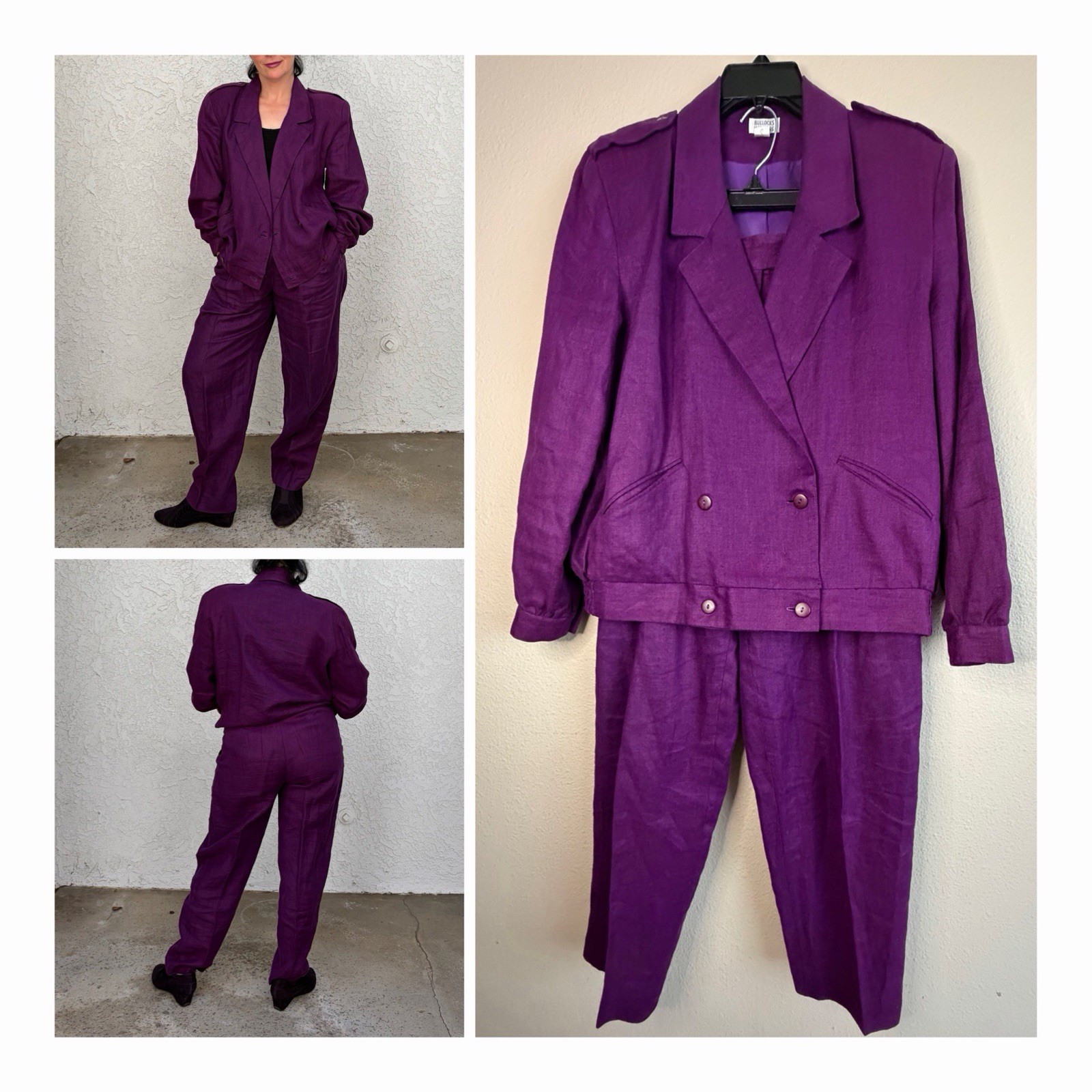 VTG 80s 90s BullocksWilshire Purple 100% Linen Pantsuit Set M 12 Power Suit Pads