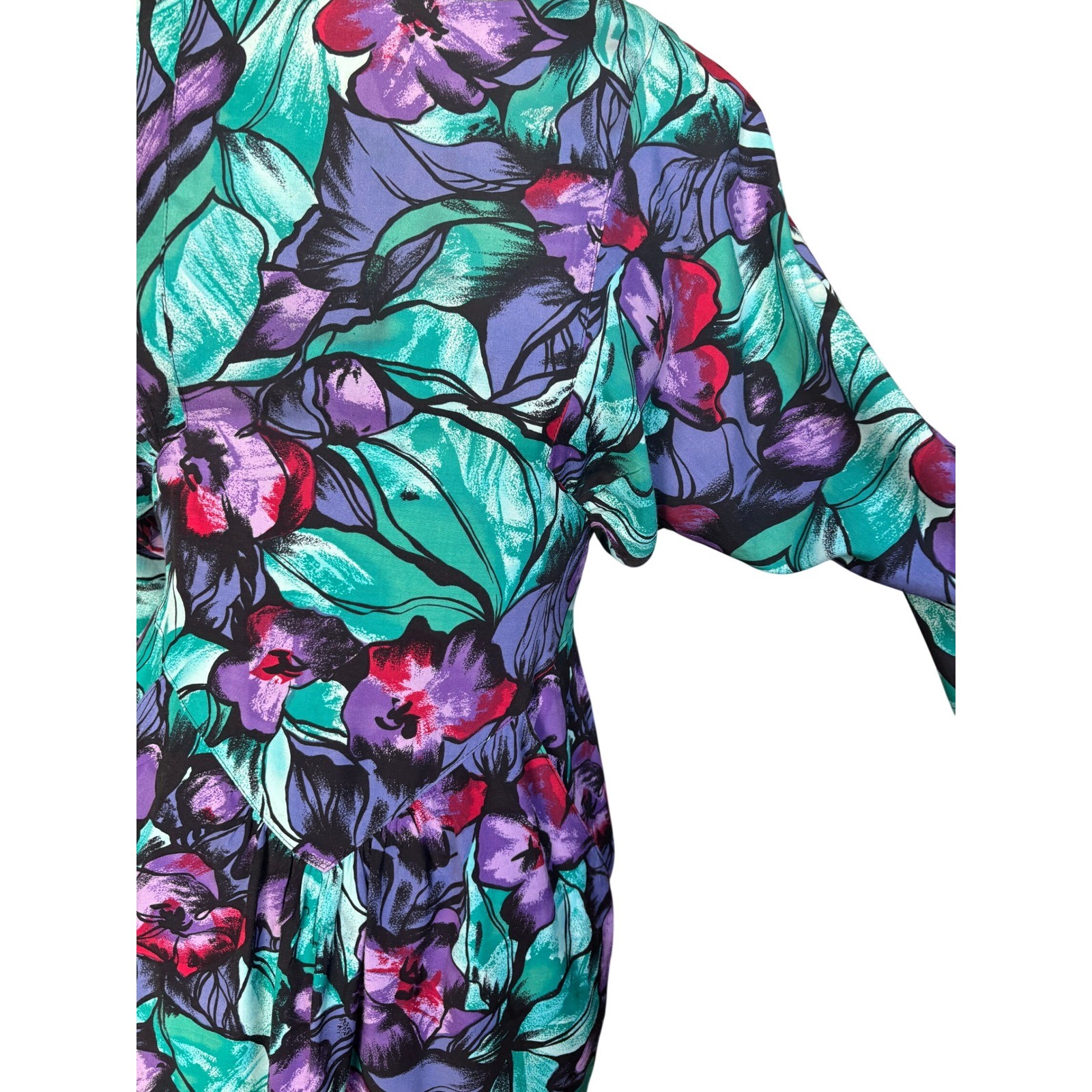 80s Floral Dolman Sleeve April Rain Dress M Teal Purple Multi Vintage