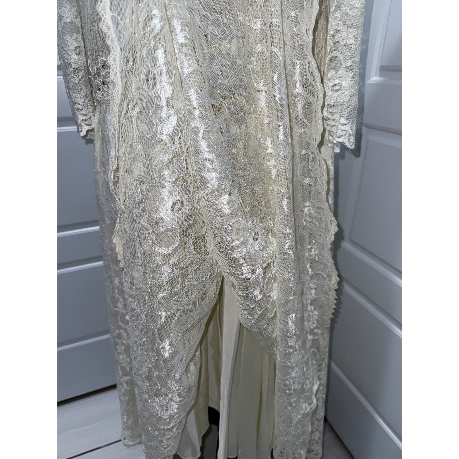 Gidding Jenny Long Sleeve Dress 8 100% Silk Lace Gown Beaded V-Neck 20th Century