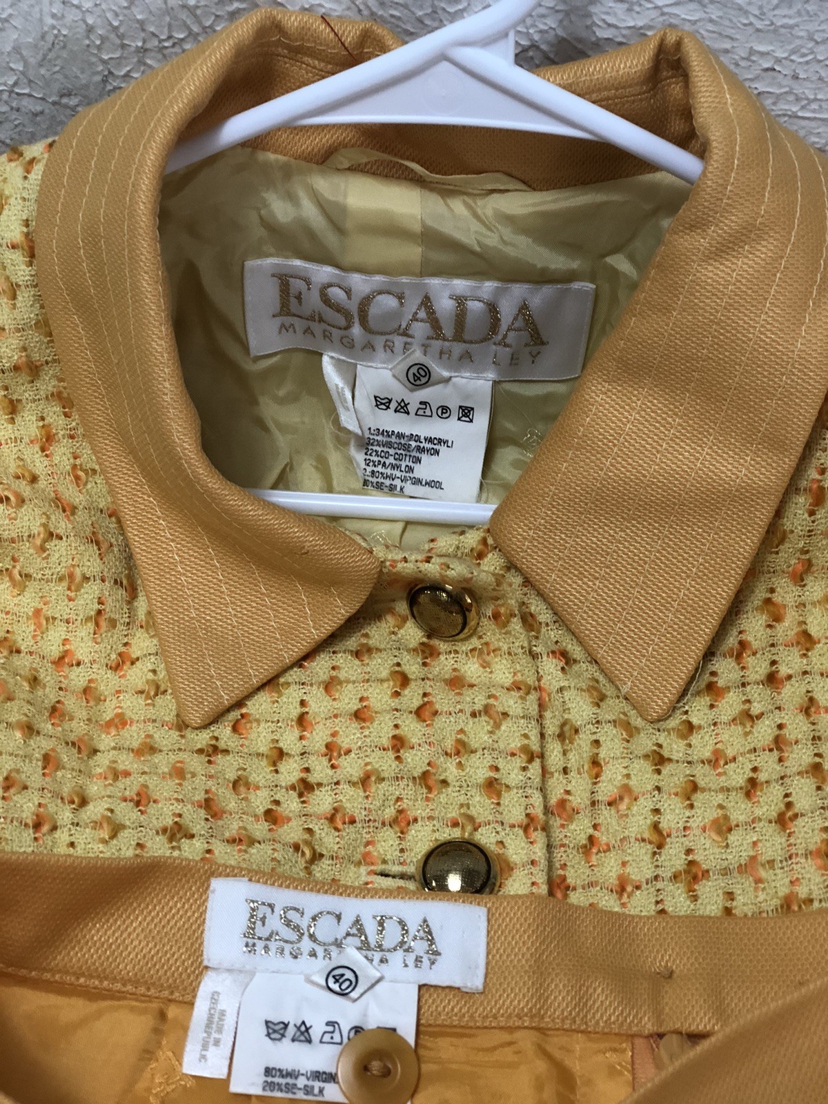 Vintage 1980s ESCADA Skirt Suit 80% Wool Size 40 Tweed Jacket Yellow Orange