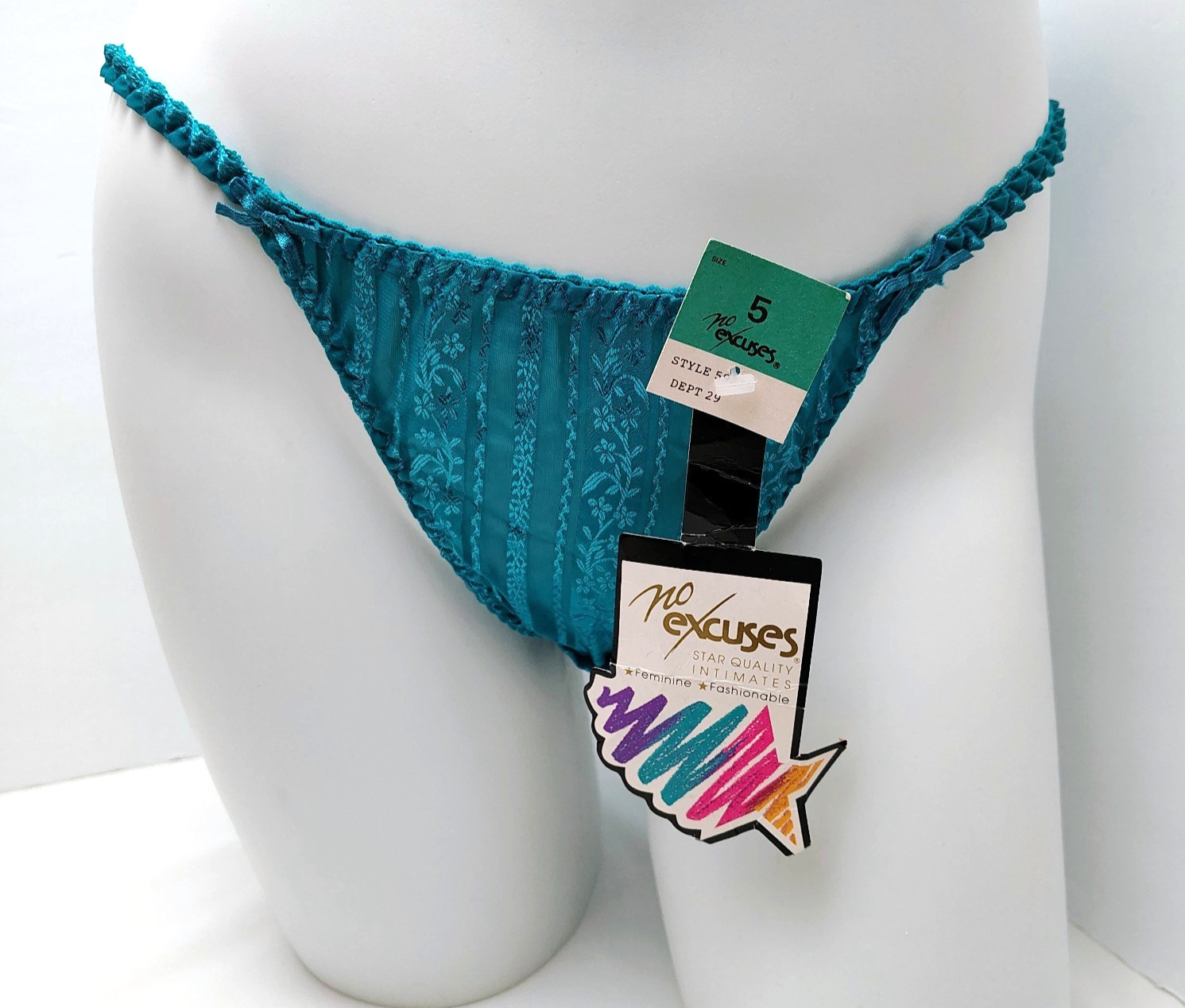 Vintage NEW No Excuses 90s Y2K Satin Stripe String Bikini Panties 5 S Teal Panty